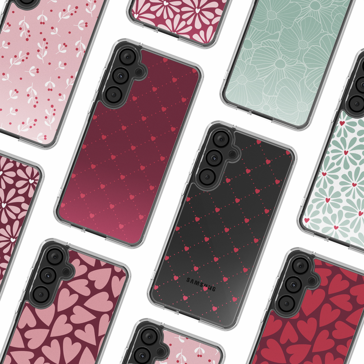 Divers étuis de téléphone avec divers motifs, y compris des cœurs et des motifs floraux, sur fond blanc.