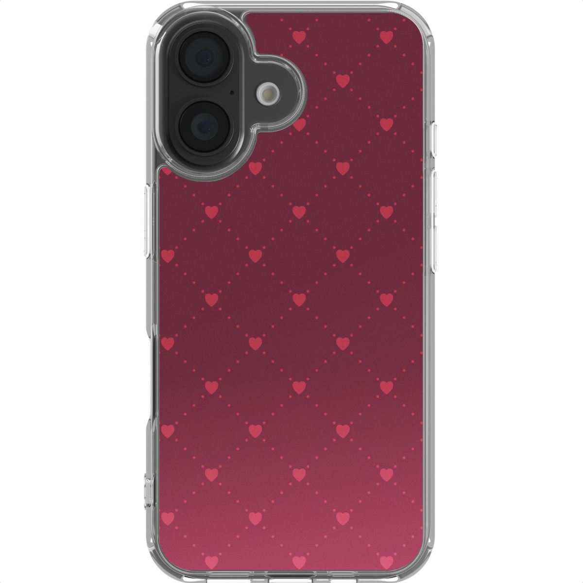Custodia trasparente per telefono con sfondo bordeaux. Piccoli cuori rossi decorano la custodia. Le lenti della fotocamera sono in alto.