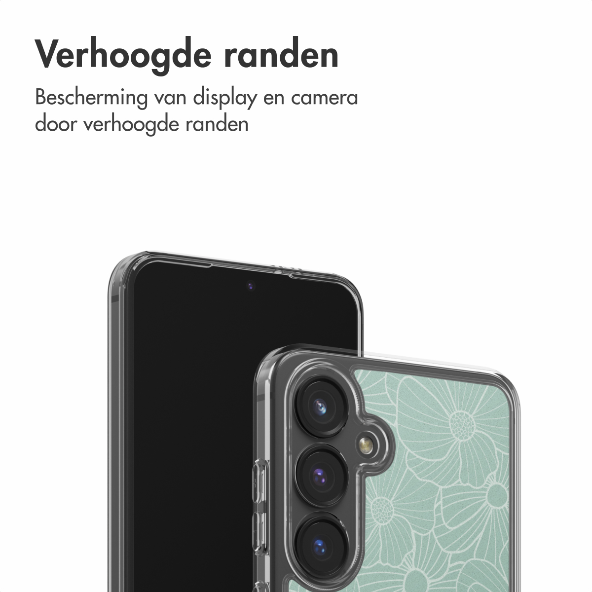 Due smartphone con custodie trasparenti. Lo schermo di uno è nero, l'altro ha un motivo floreale su sfondo verde chiaro.