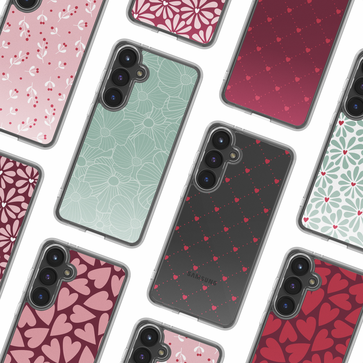 Varie custodie per telefoni con diversi motivi, tra cui disegni floreali e a cuore, in rosa, verde e rosso, disposte su uno sfondo bianco.