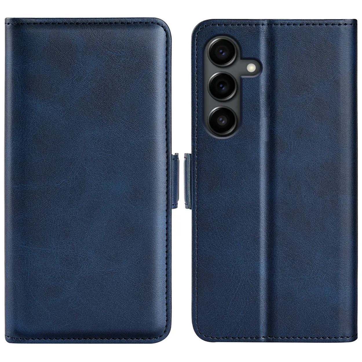 Een blauwe leren telefoonhoes, open om een telefoon te onthullen. De hoes heeft een magnetische sluiting en een getextureerde afwerking.