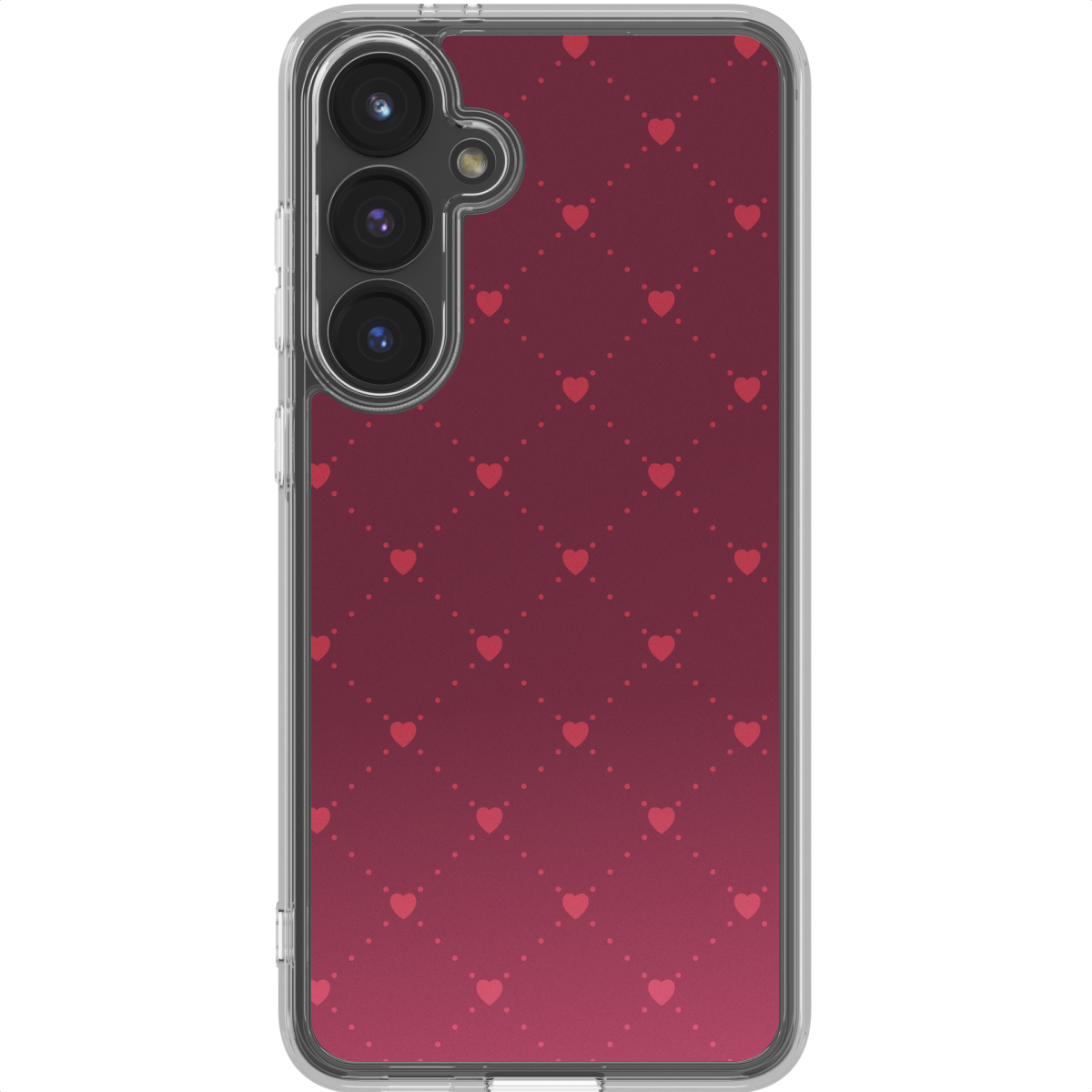 Een telefoonhoesje met een rode gradiëntachtergrond en een patroon van kleine rode hartjes. De telefoon heeft drie camera's.