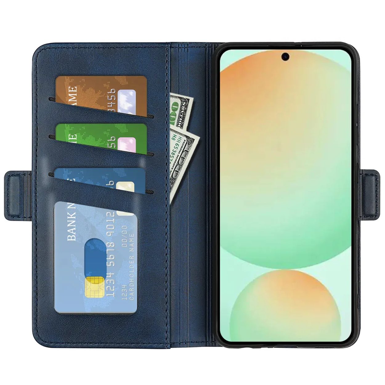 Een blauwe telefoonhoes met creditcards en geld erin. Een telefoon zit aan de andere kant. Het scherm heeft een groene en oranje achtergrond.