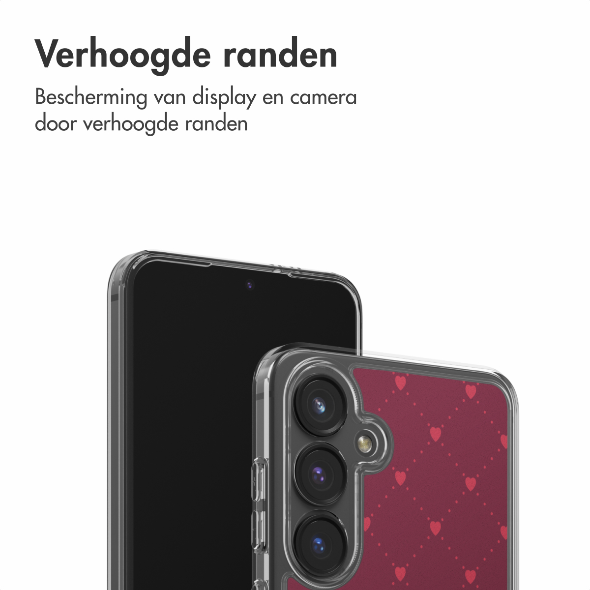Een telefoon met een doorzichtige hoes, met een scherm en camera. De hoes heeft een rood hartpatroon. Tekst: 'Verhoogde randen'.
