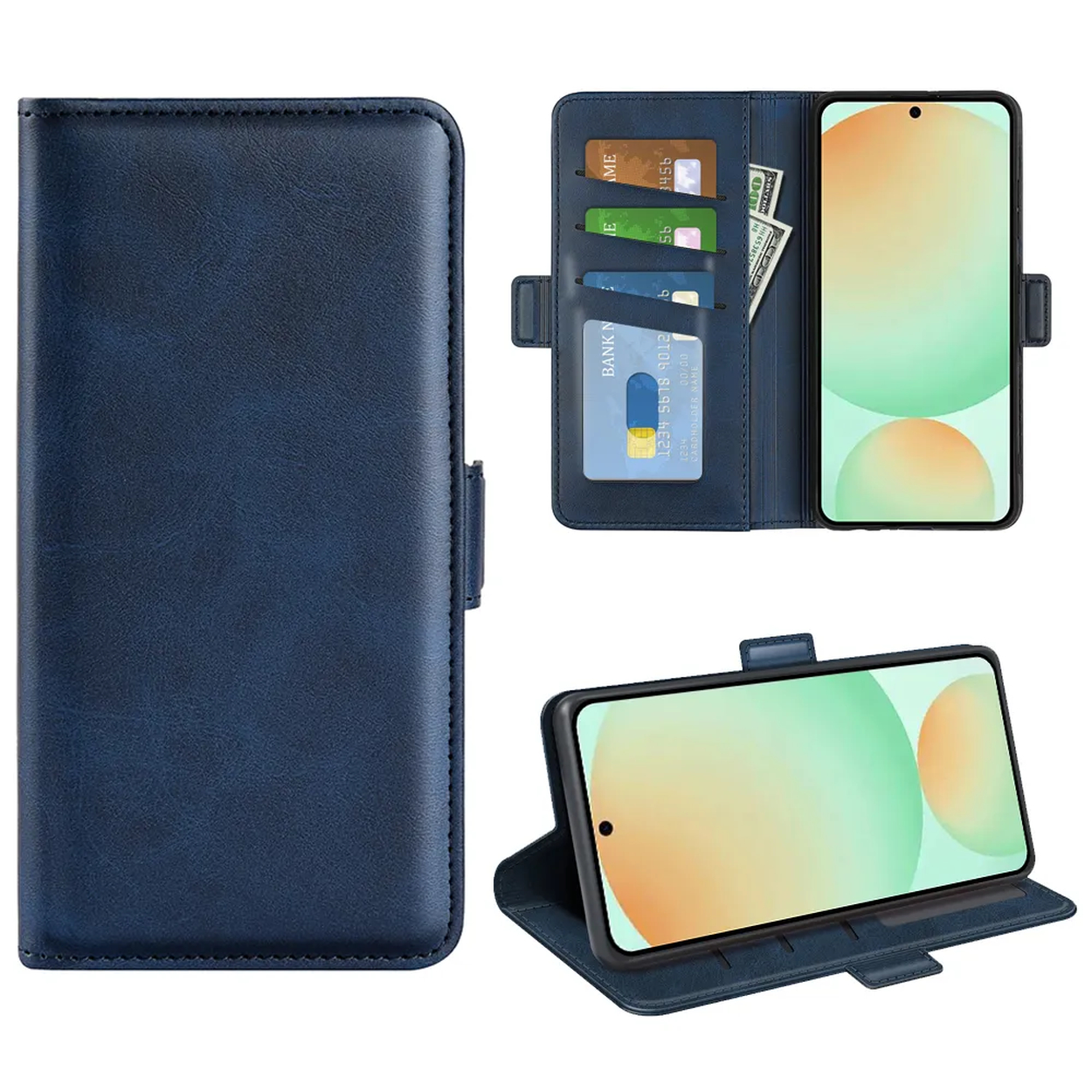 Een blauwe leren telefoonhoes, open en dicht, met een telefoon, kaarten en contant geld. De hoes staat op een witte achtergrond.