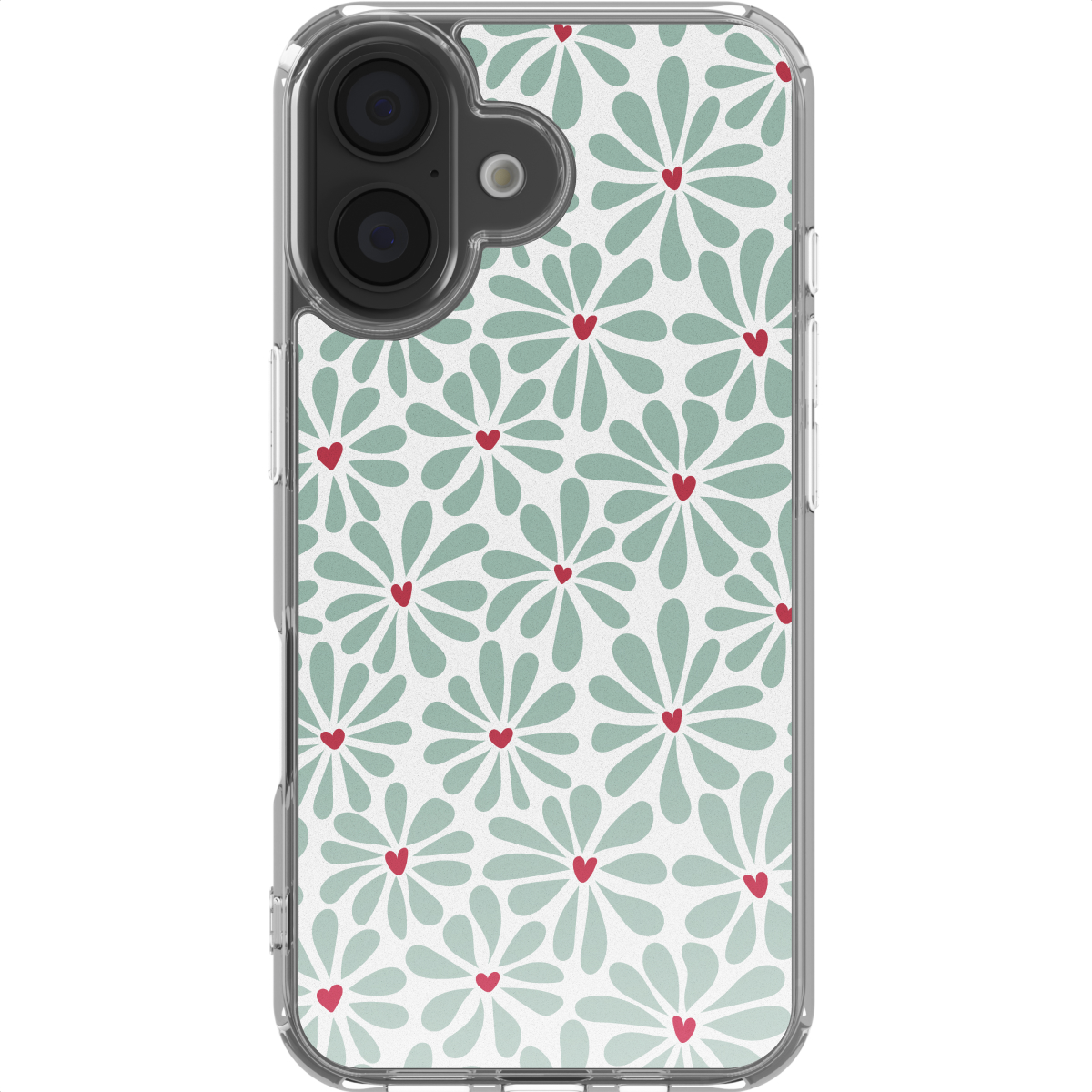 Een telefoonhoesje met een patroon van gestileerde bloemen. Elke bloem heeft groene bloemblaadjes en een rood hart in het midden, tegen een witte achtergrond.