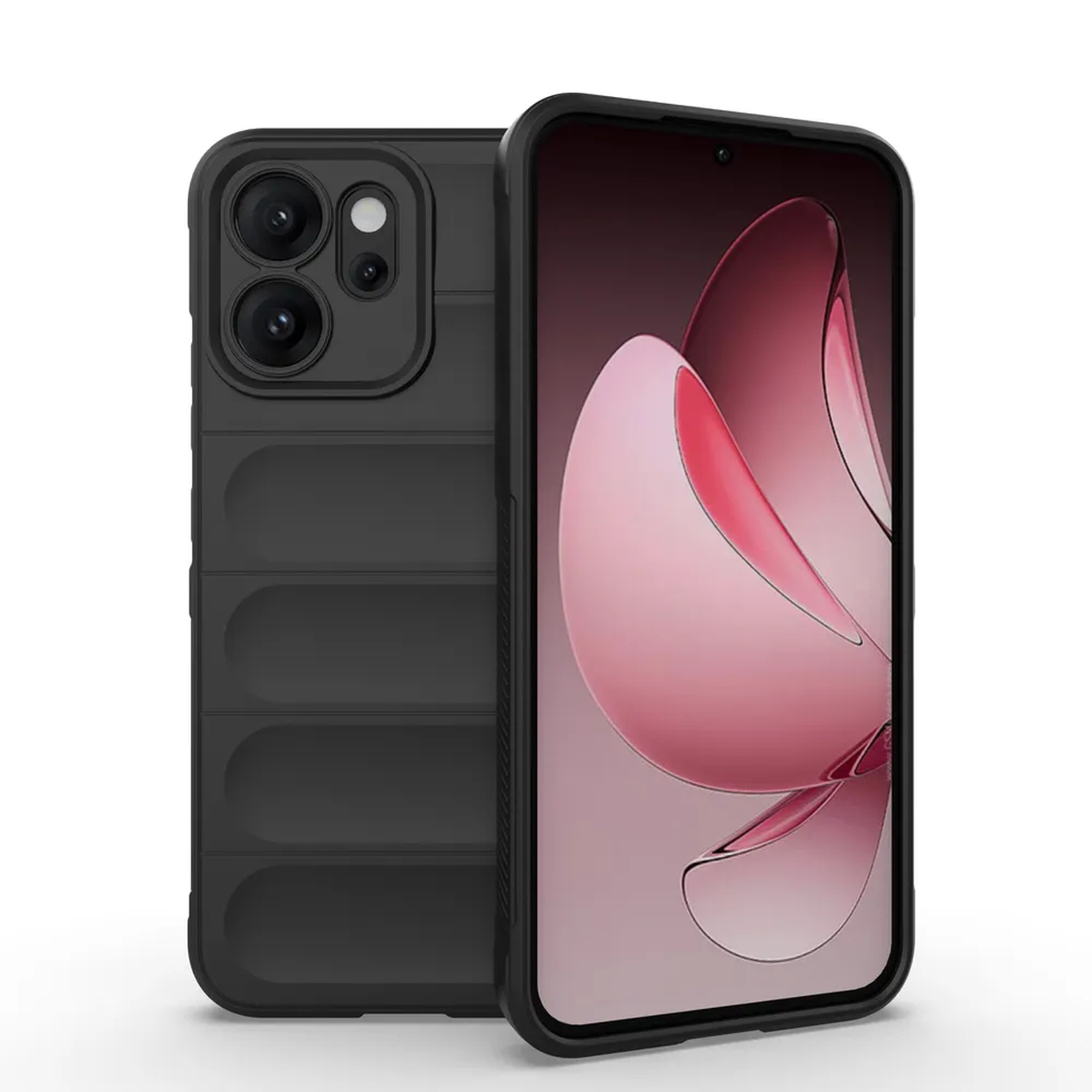 Un smartphone noir avec une coque de protection. L'écran affiche un motif abstrait rose. La coque a un dos texturé et des objectifs d'appareil photo.