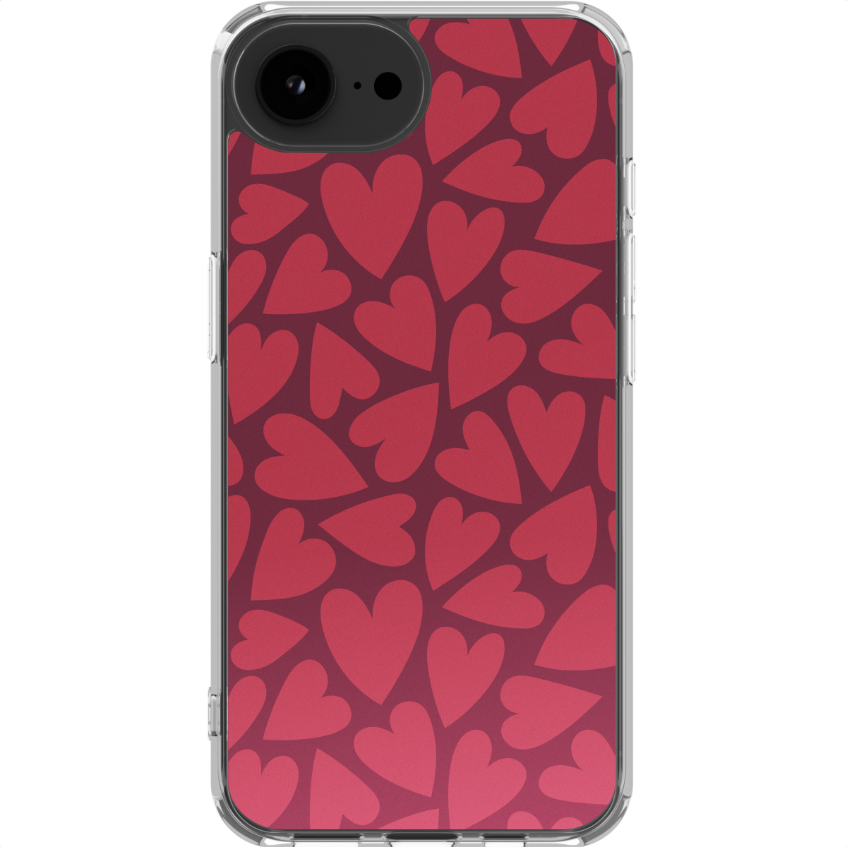 Una custodia per telefono con un motivo a cuori rossi. La custodia è trasparente e una fotocamera è visibile in alto. Cuori coprono il retro.
