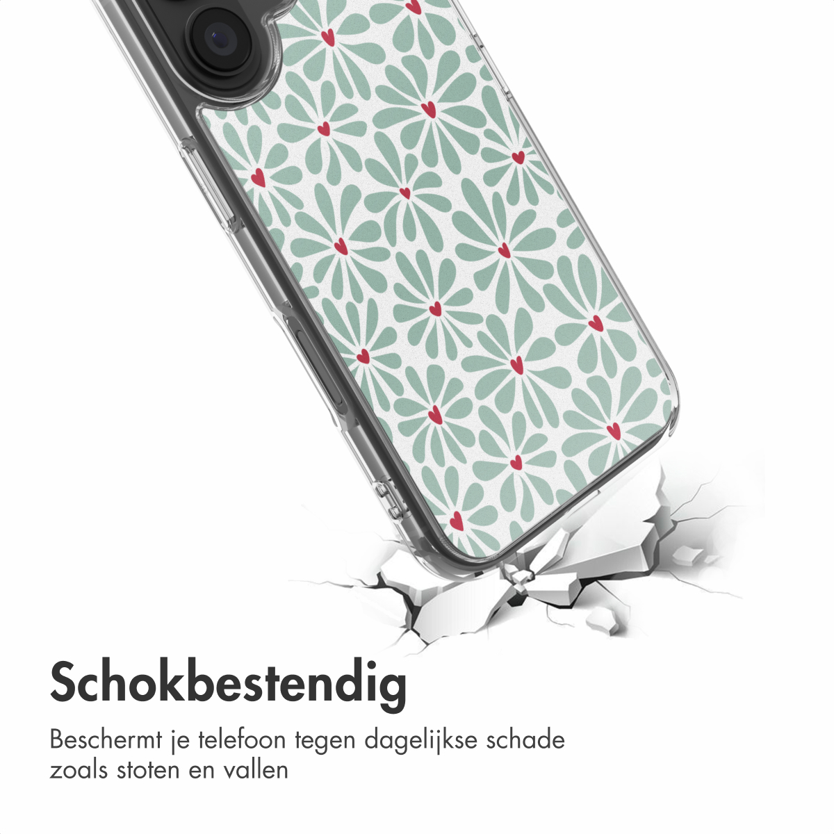Een telefoonhoesje met een bloemenpatroon dat een oppervlak breekt. De hoes heeft bloemen met groene bloemblaadjes en rode hartjes.