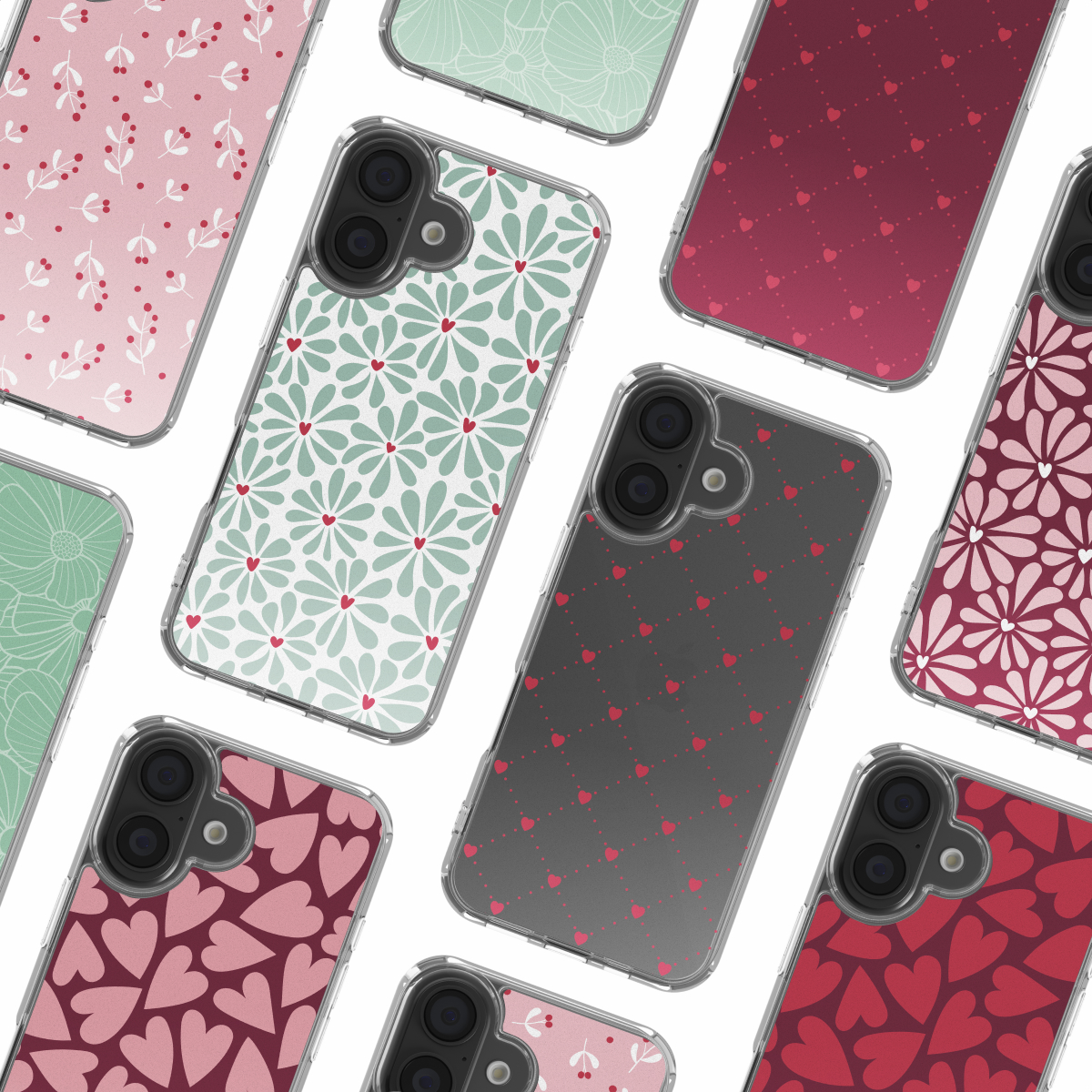 Assortiment telefoonhoesjes met diverse designs: bloemen, hartpatronen en bessentakjes. Kleuren zijn onder meer roze, rood en grijze achtergronden.