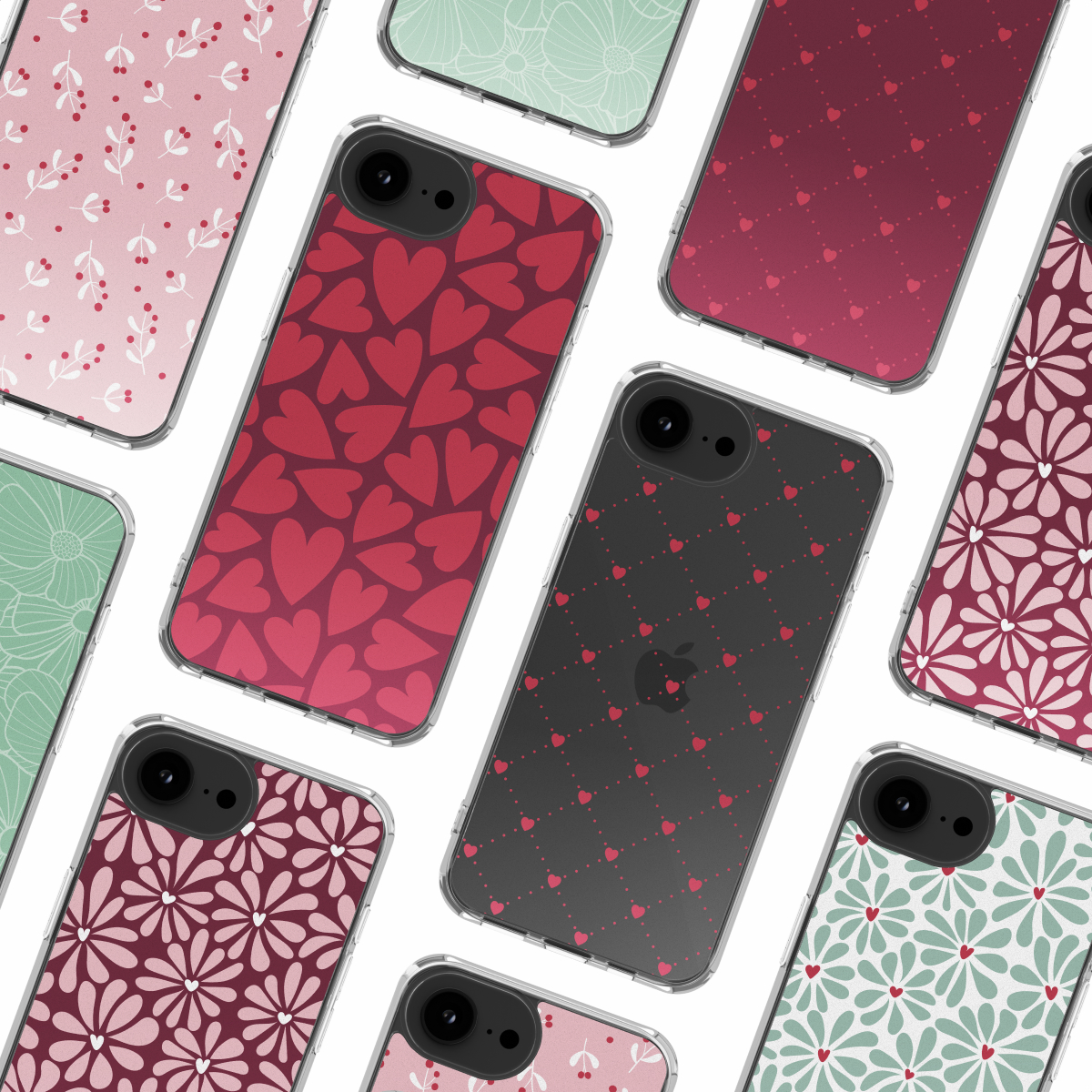 Collezione di custodie per telefoni con vari design: cuori, fiori e motivi astratti in rosa, rosso e verde su sfondo bianco.
