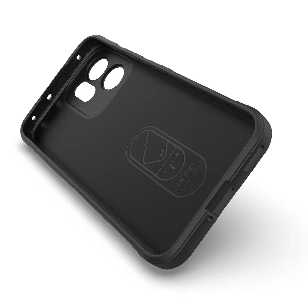 Coque de téléphone noire, vue en angle, avec découpes caméra et logo Drop Protection. Intérieur texturé. Fond blanc.