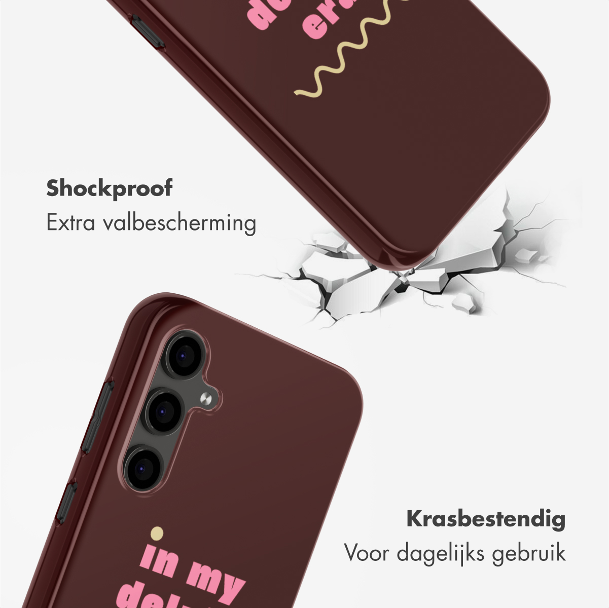 Deux coques de téléphone marron avec texte rose. L'une semble briser une surface blanche. Le texte indique résistant aux chocs et aux rayures.