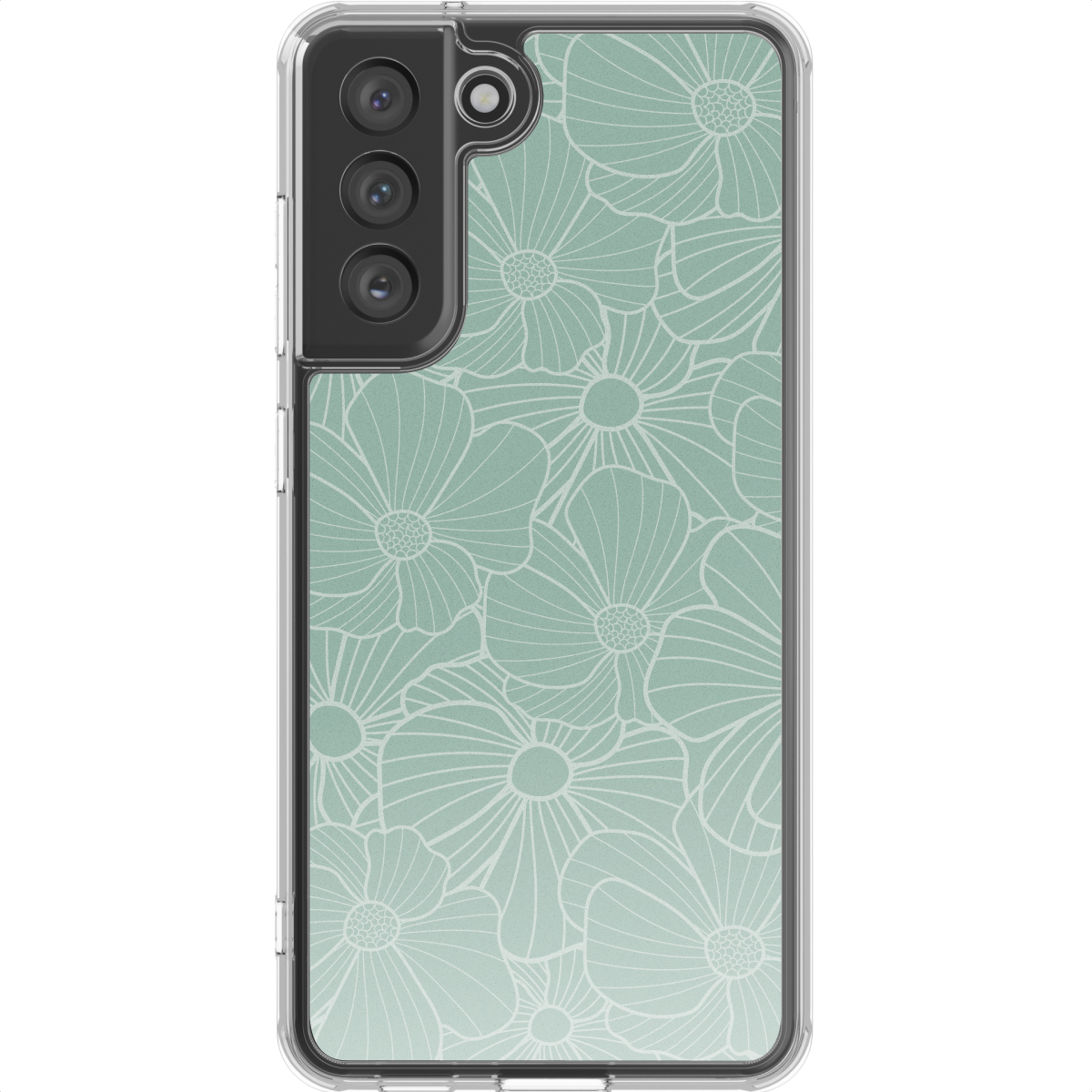 Una custodia per telefono con un motivo floreale di contorni bianchi su sfondo verde. Il telefono ha più fotocamere.