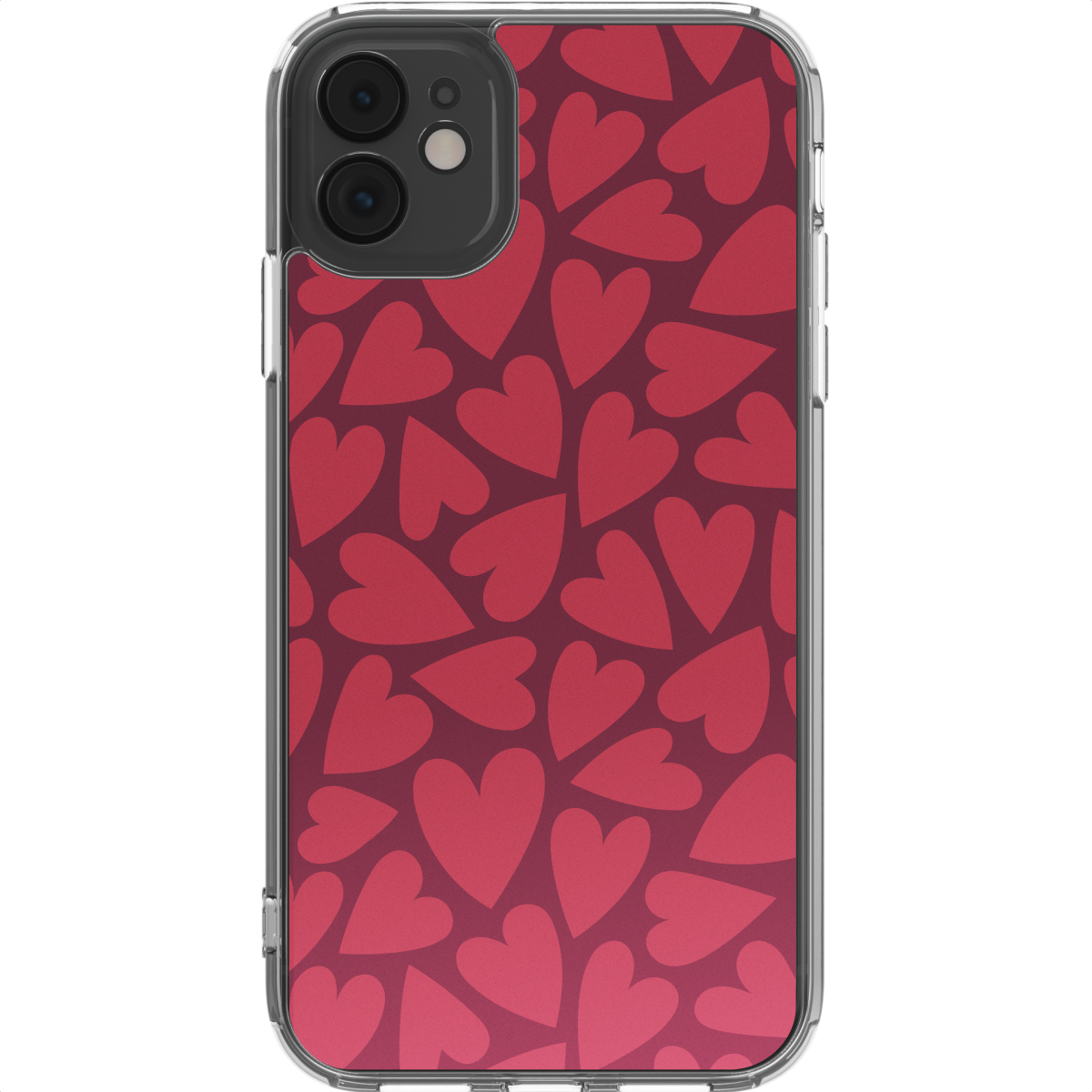 Una custodia per iPhone con un motivo a cuori rossi. Il telefono ha una custodia trasparente. Lo sfondo è una tonalità di rosso più scura.