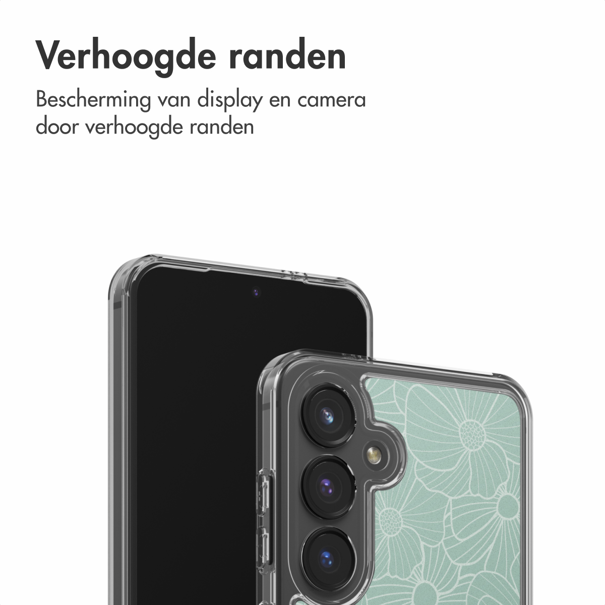 Due smartphone, uno con schermo nero e l'altro con motivo floreale in una custodia trasparente. Testo in olandese in alto.