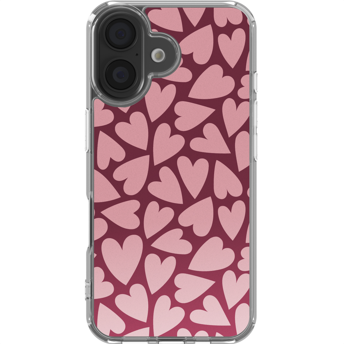 Telefoonhoesje met roze hartenpatroon op een donkerrode achtergrond. Het heeft een transparante rand en een cameramodule.