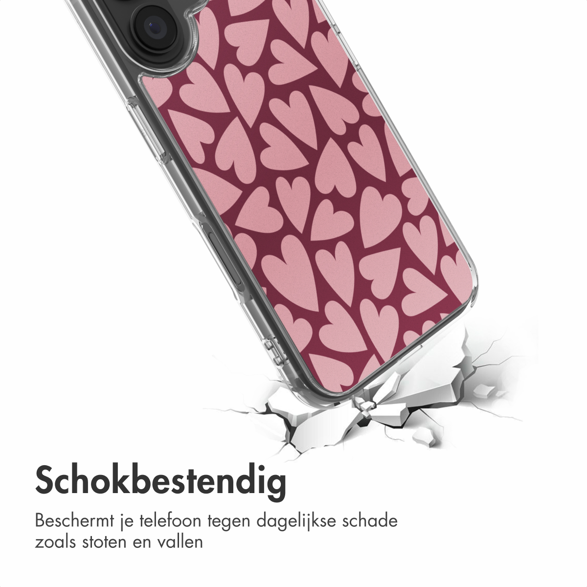 Een telefoonhoesje met roze hartenpatroon breekt op een witte ondergrond. De hoes heeft een camera en beschermt tegen dagelijkse schade.