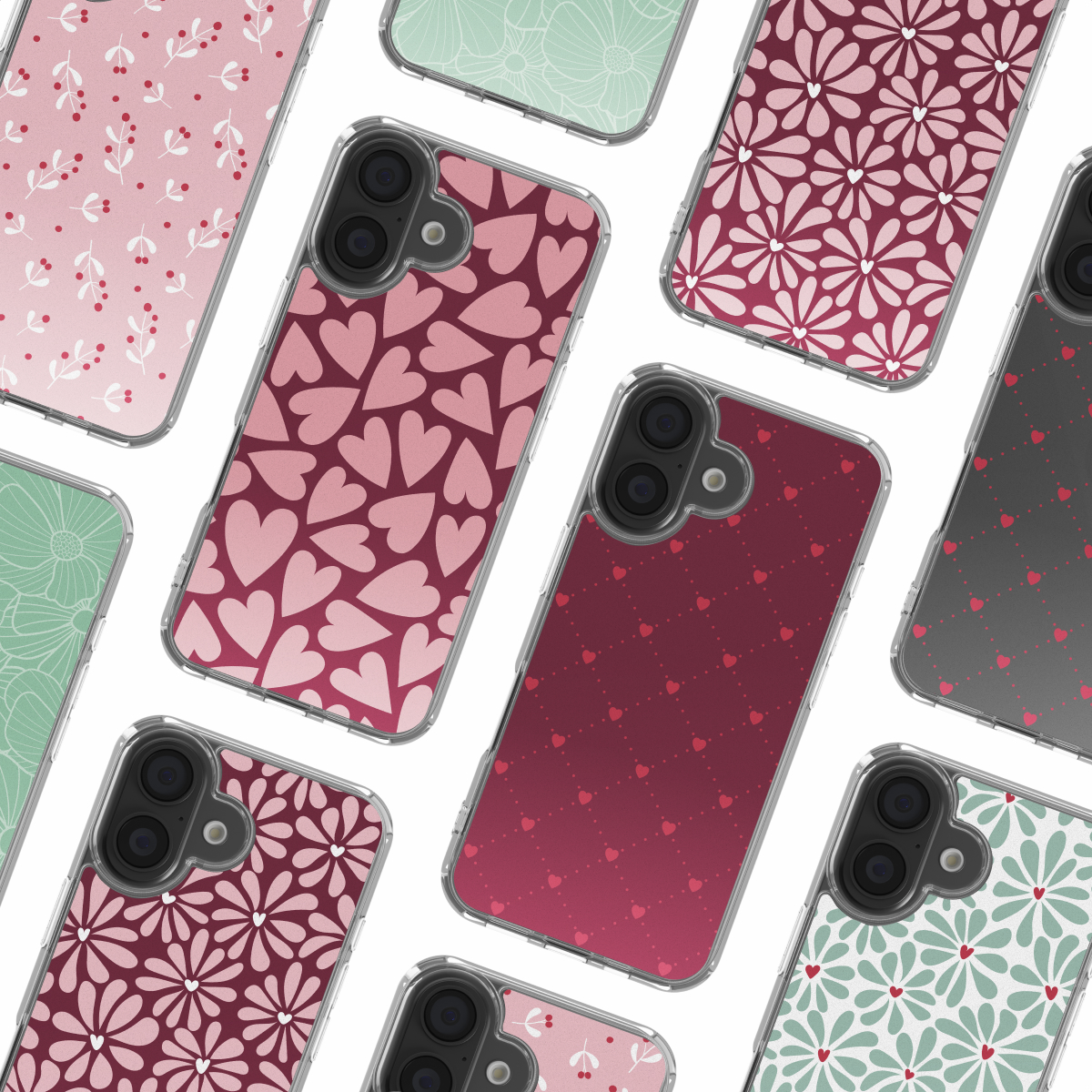 Collectie telefoonhoesjes met verschillende patronen: harten, bloemen en stippen. Kleuren zijn roze, rood en groen. Transparante plastic randen.