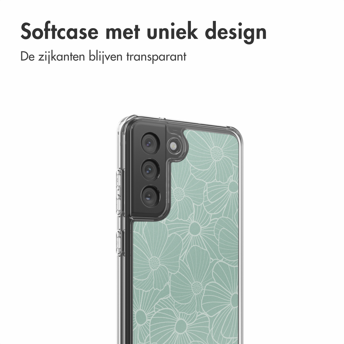 Una custodia per telefono con motivo floreale. La custodia è trasparente, mostrando un design verde menta con fiori bianchi. La fotocamera del telefono è visibile.