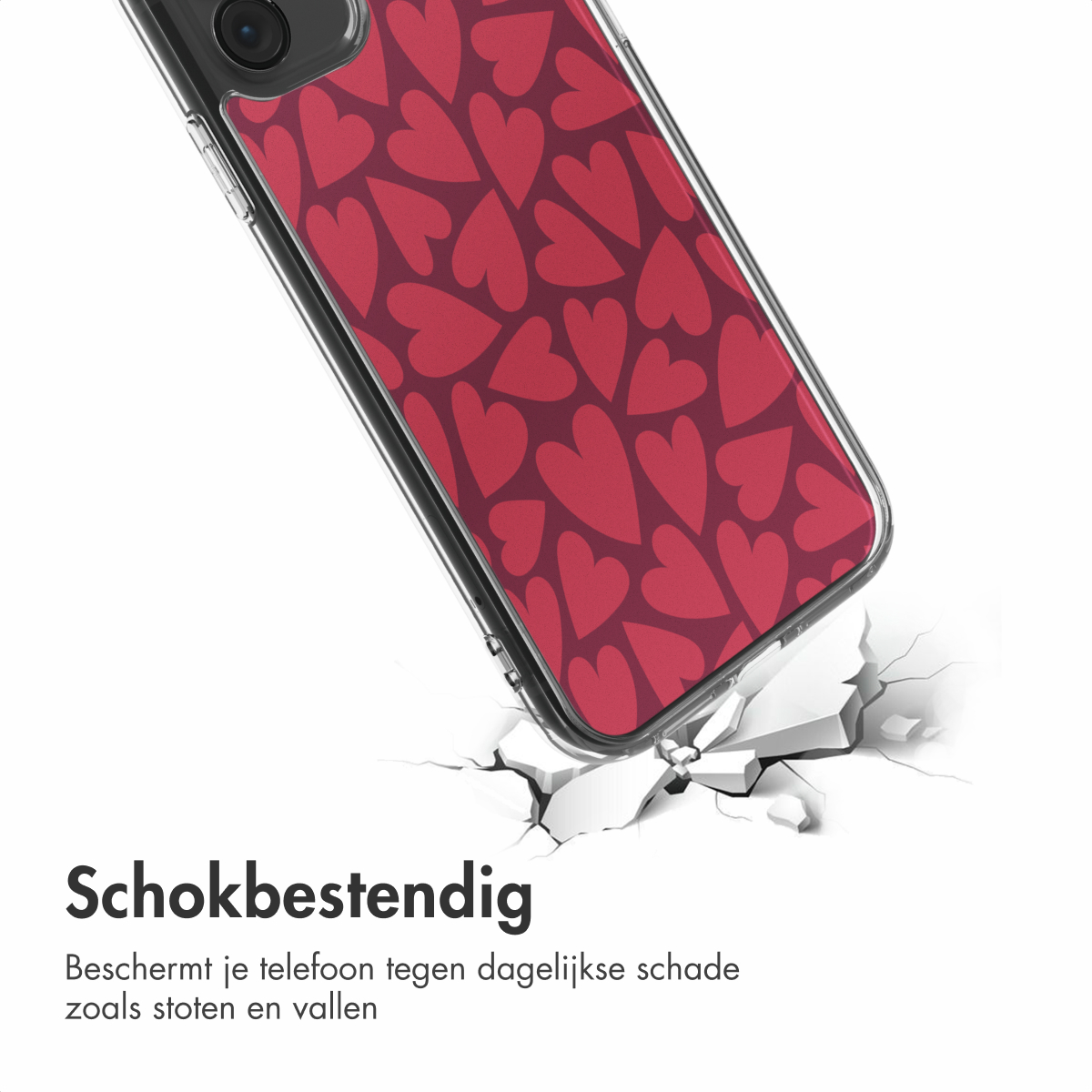 Una custodia per telefono con un motivo a cuore rosso sta rompendo una superficie bianca. La custodia è parzialmente visibile, mostrando la fotocamera.
