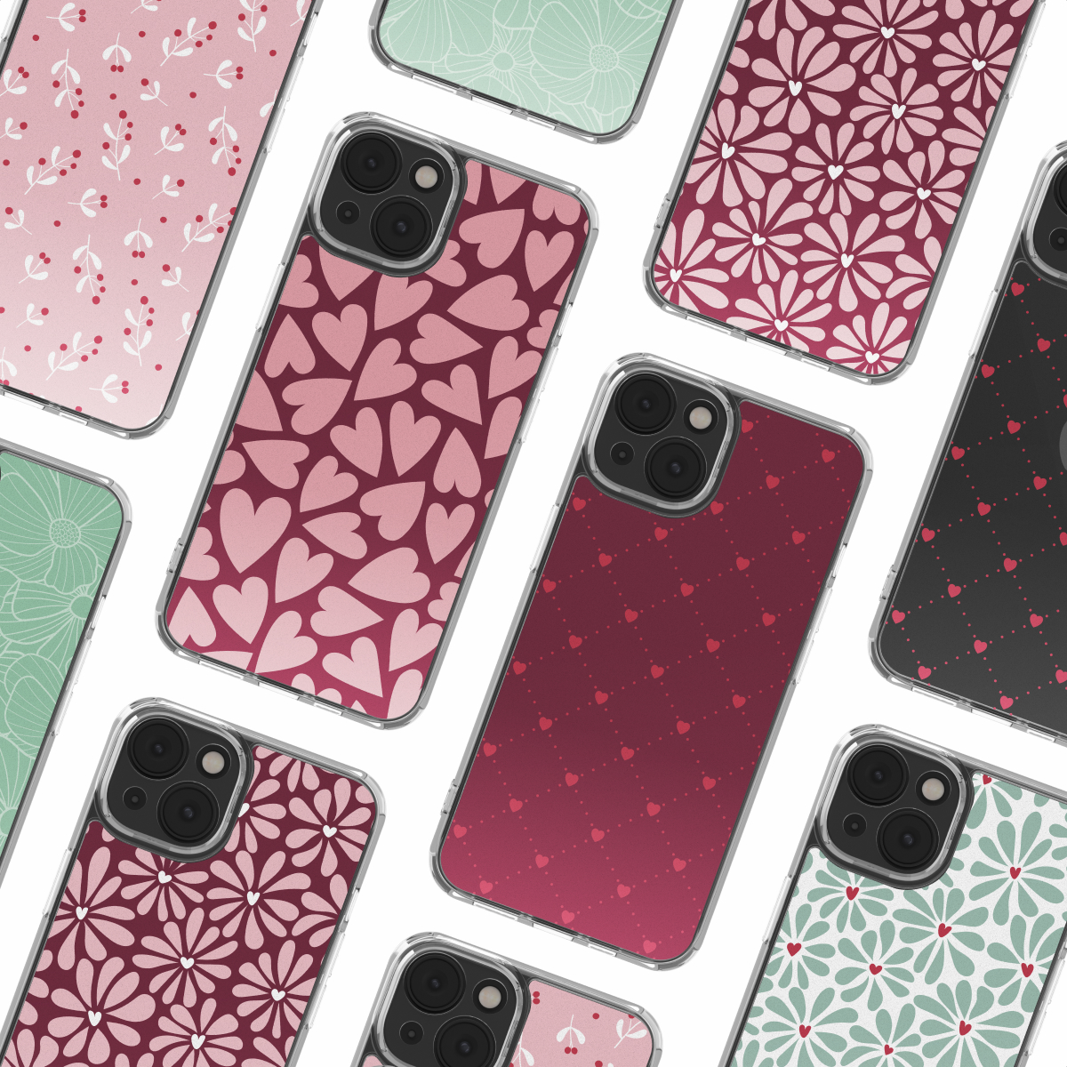 Diverse custodie per telefoni con vari motivi come cuori, fiori e punti. I colori includono rosa, rosso, verde e bianco, tutto su sfondo bianco.