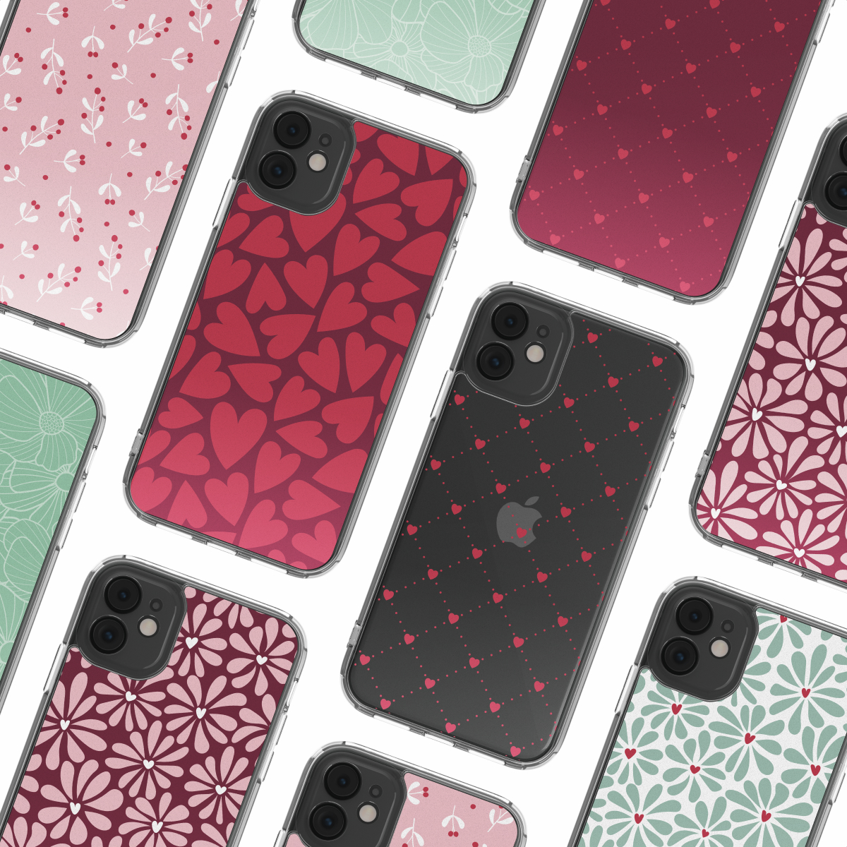 Diverse custodie per telefoni con motivi diversi: cuori, fiori e pois. I colori includono rosa, rosso e verde, su sfondo bianco.