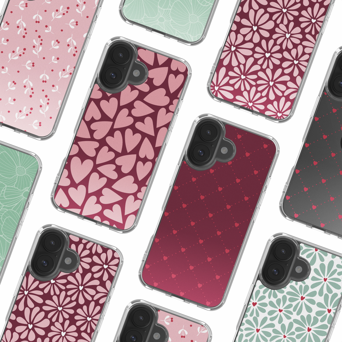 Verschillende telefoonhoesjes met verschillende ontwerpen: harten, bloemen en stippenpatronen, in roze, rode en groene tinten, tegen een witte achtergrond.