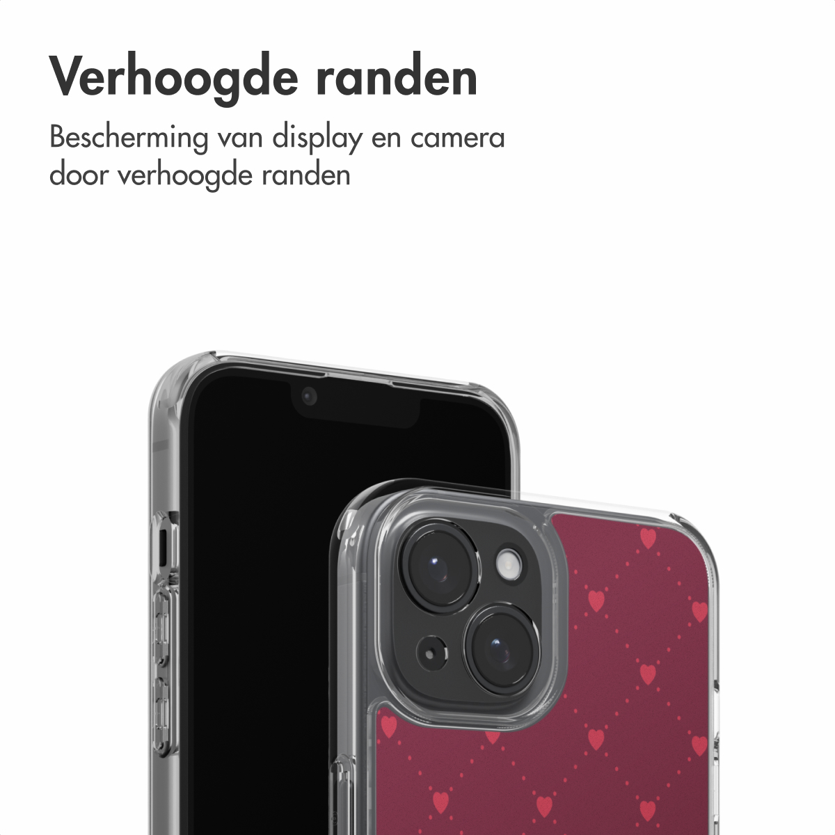 Two smartphones with protective cases. One black screen and the other with a red heart pattern on a white background. Clear cases.
