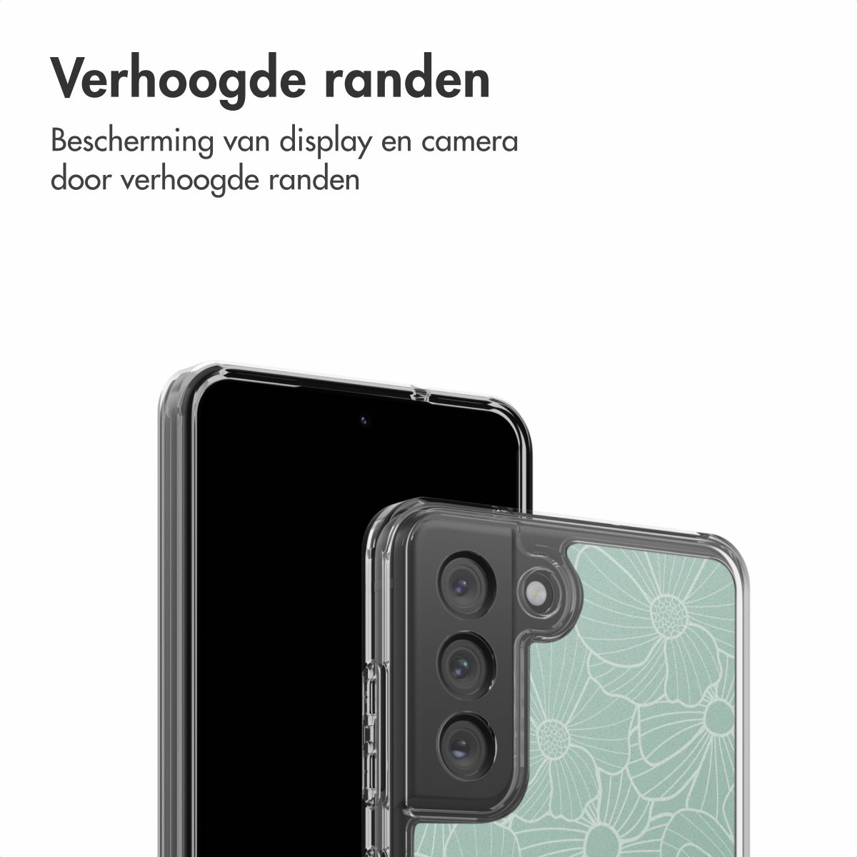 Uno smartphone in una custodia trasparente con un design floreale. Lo schermo del telefono è nero. La custodia ha bordi rialzati.