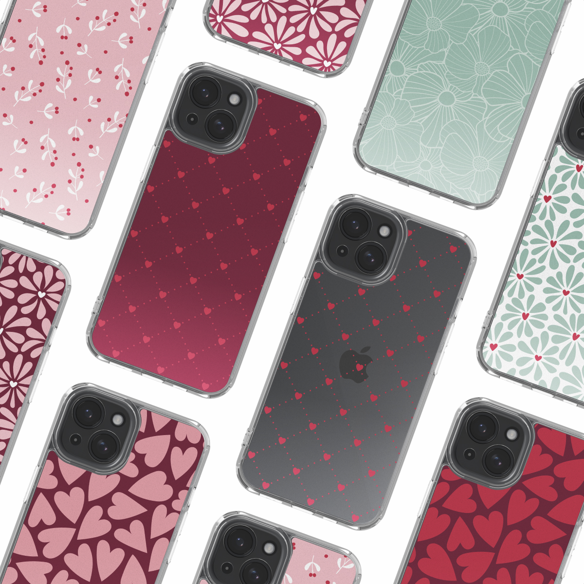 Collection of phone cases with various designs, including floral patterns and heart motifs, on a white background.