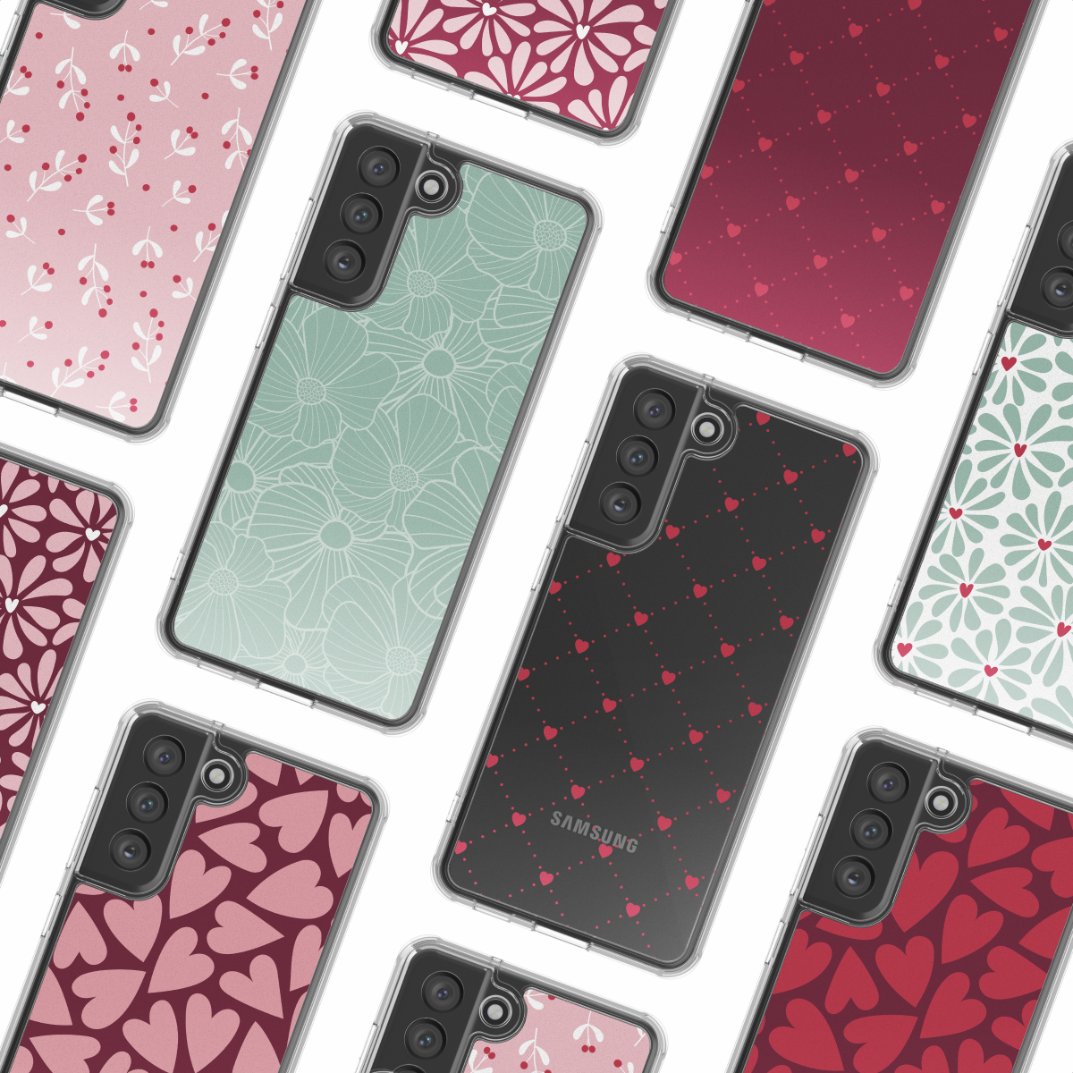 Collezione di telefoni Samsung con varie custodie decorate: disegni floreali, cuori e puntini in rosso, rosa e verde menta su sfondo bianco.