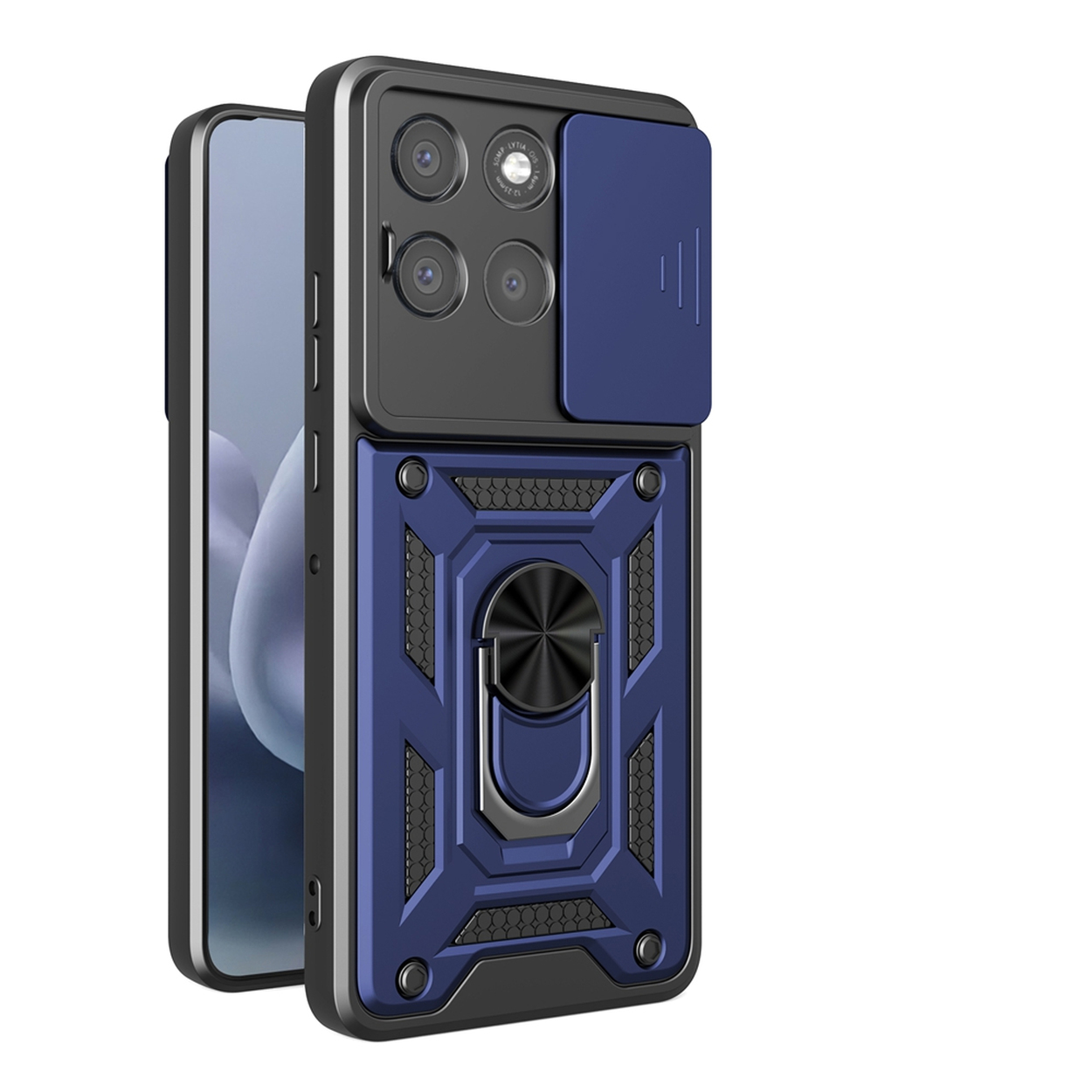 Een smartphone met een blauw-zwarte beschermhoes. De hoes heeft een cameralensafdekking en een ringhouder.
