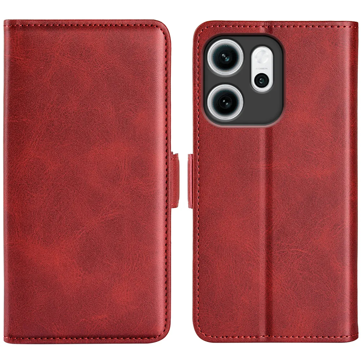 Étui de téléphone en cuir rouge, ouvert pour afficher un téléphone. L'étui a une fermeture magnétique et des détails de couture.