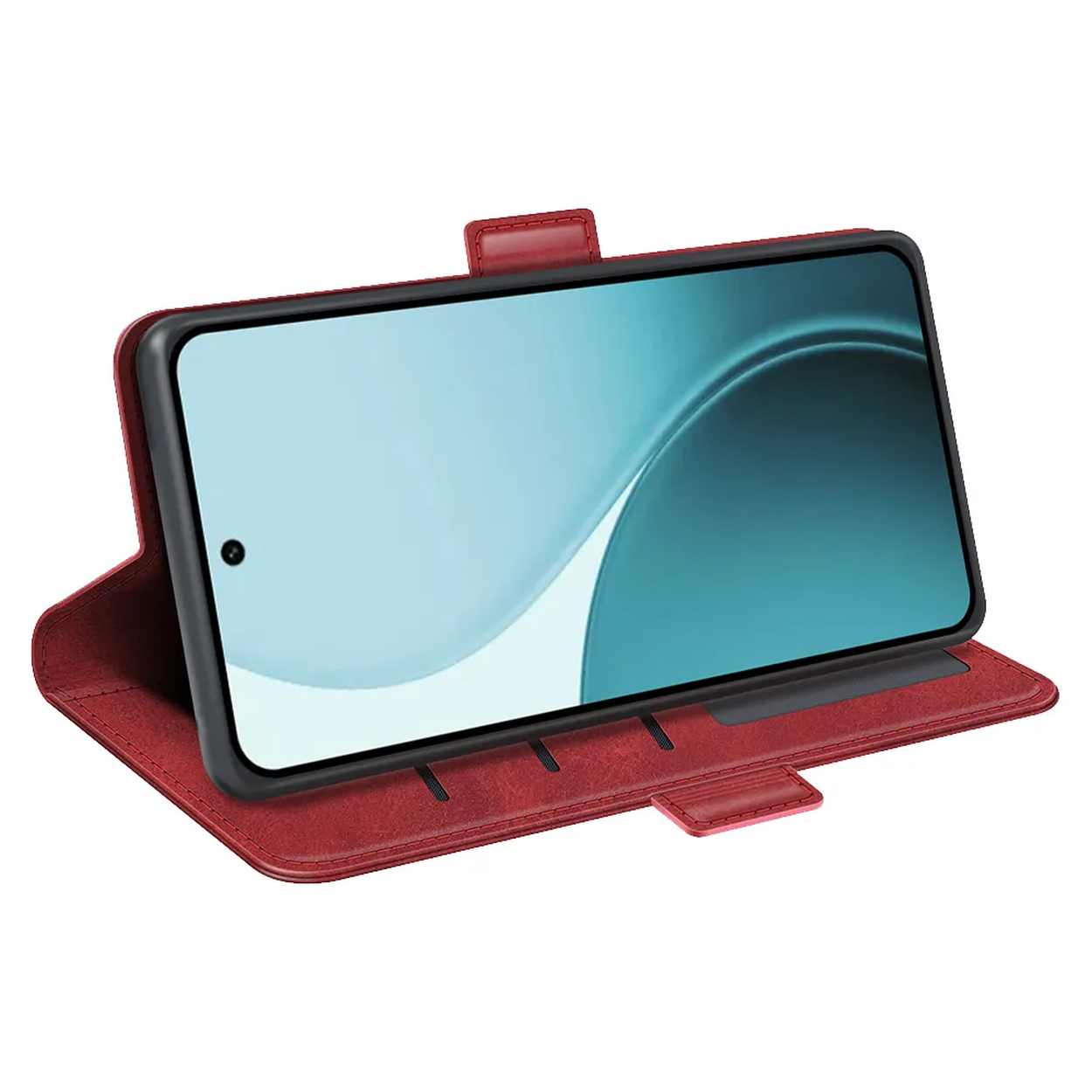 Un étui de téléphone rouge avec un téléphone à l'intérieur. L'écran du téléphone affiche une image bleue et blanche.