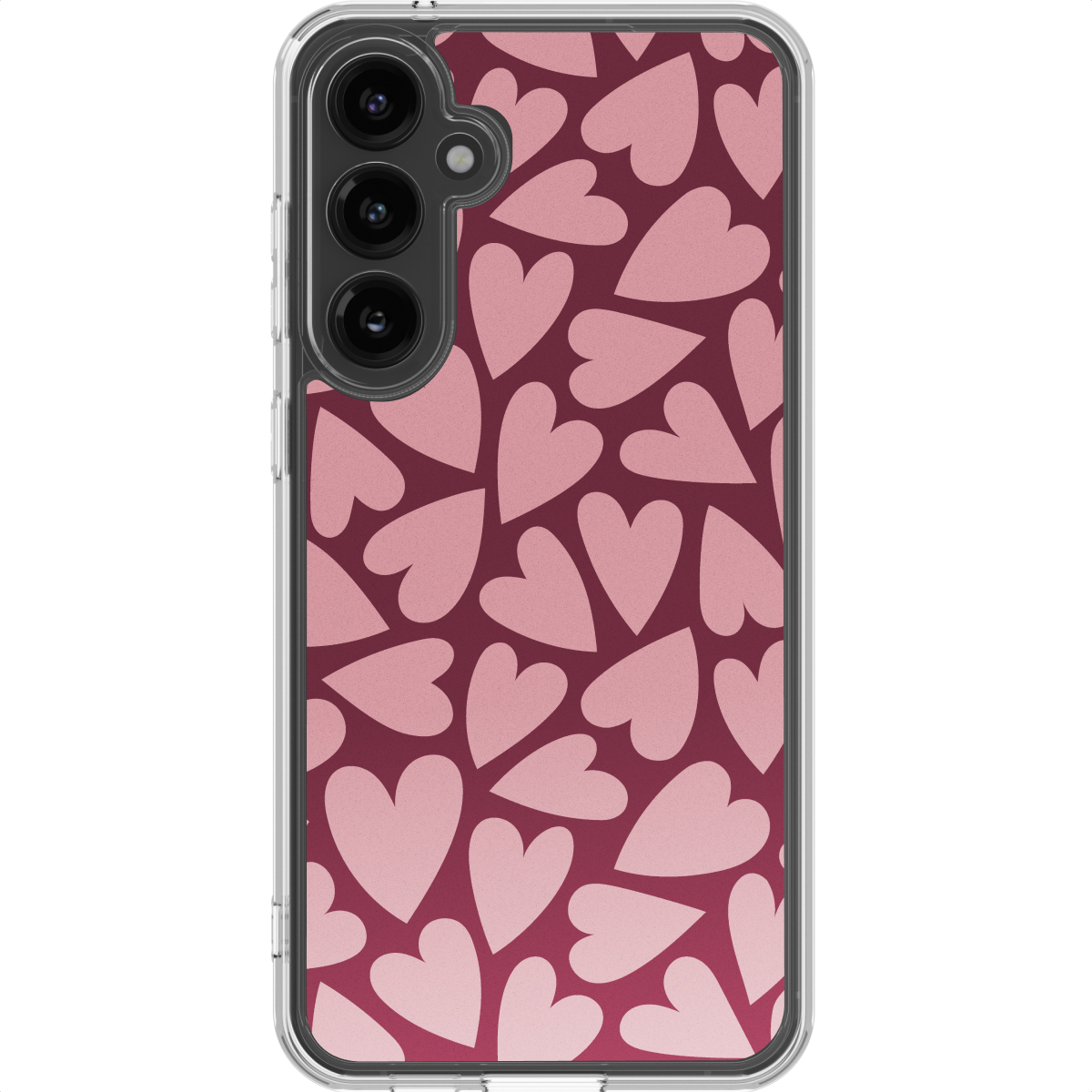 Een telefoonhoesje met een patroon van roze harten op een bordeauxrode achtergrond. De hoes heeft een doorzichtige rand en een camera-opstelling.
