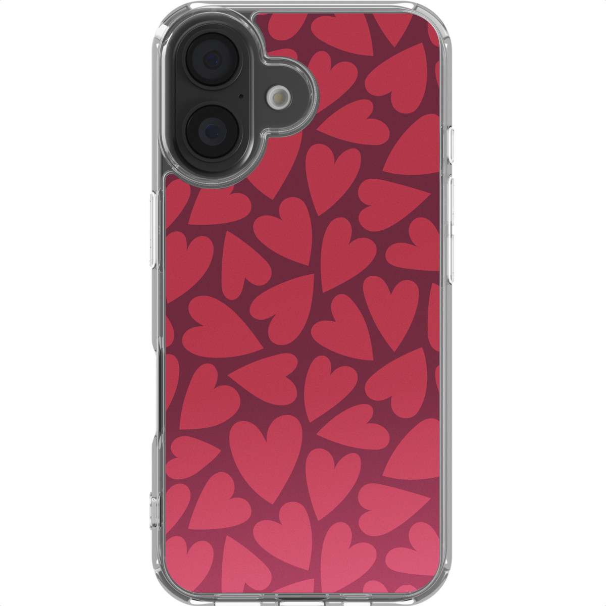 Een telefoonhoesje met een rood hartpatroon op een donkerrode achtergrond. De hoes heeft een transparant frame en cameralenzen.