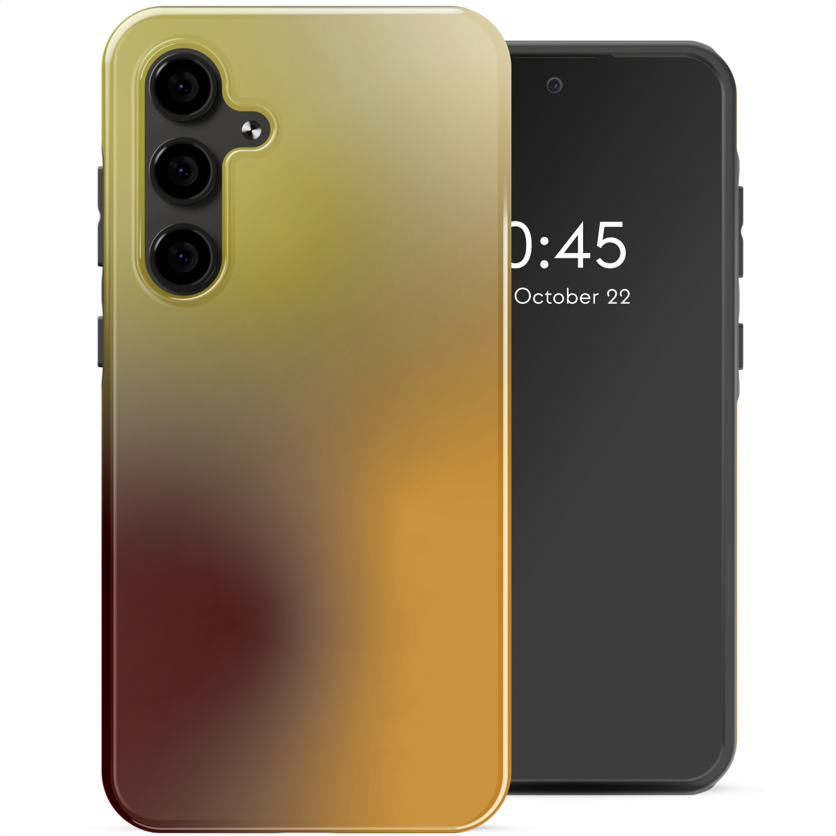 Een telefoon met een hoesje met kleurovergang. De hoes gaat van geel naar bruin. Het telefoonscherm toont de tijd en datum.