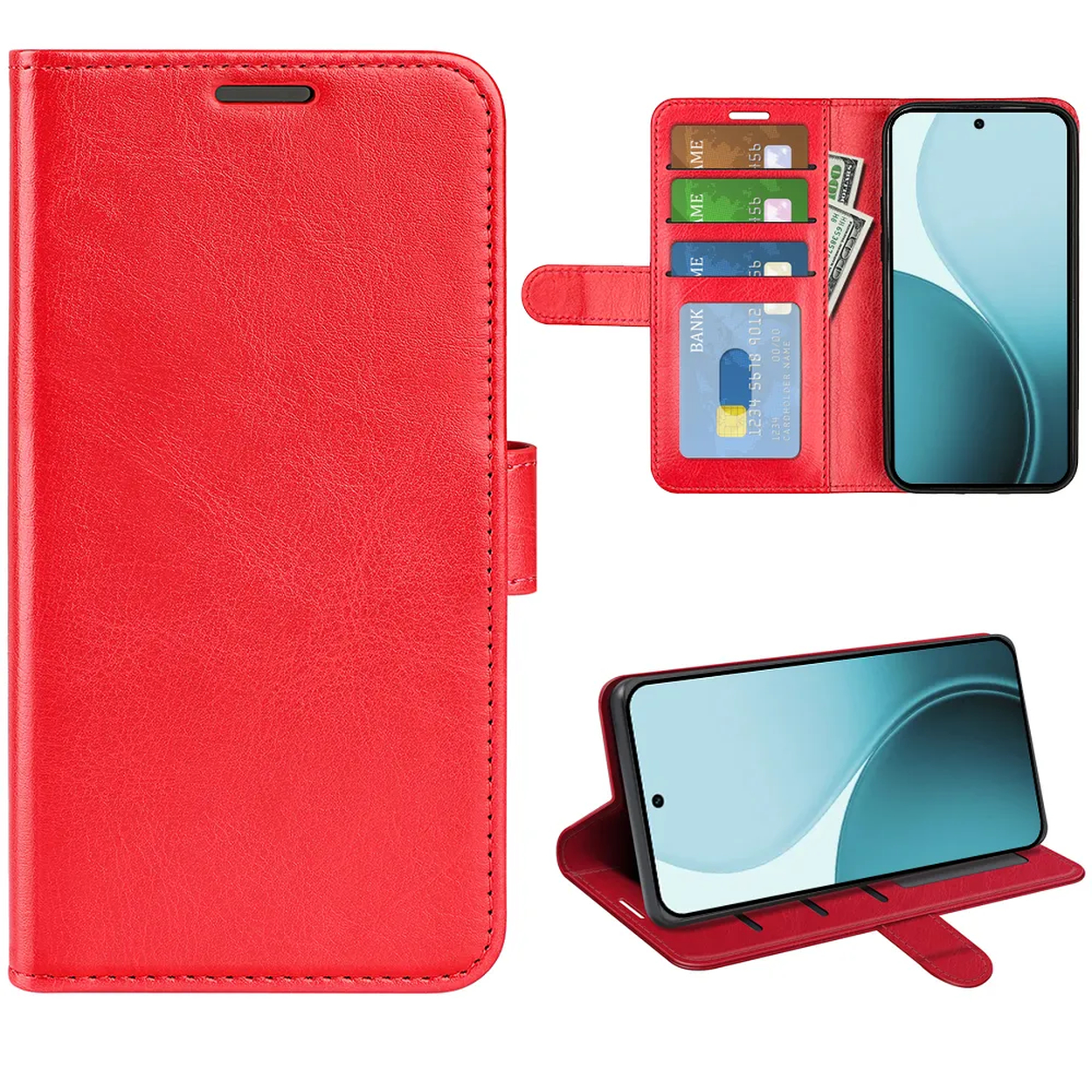 Étui de téléphone rouge avec design portefeuille. Il comporte des emplacements pour cartes, un support pour téléphone et un compartiment pour espèces. L'étui est ouvert et fermé dans différentes vues.