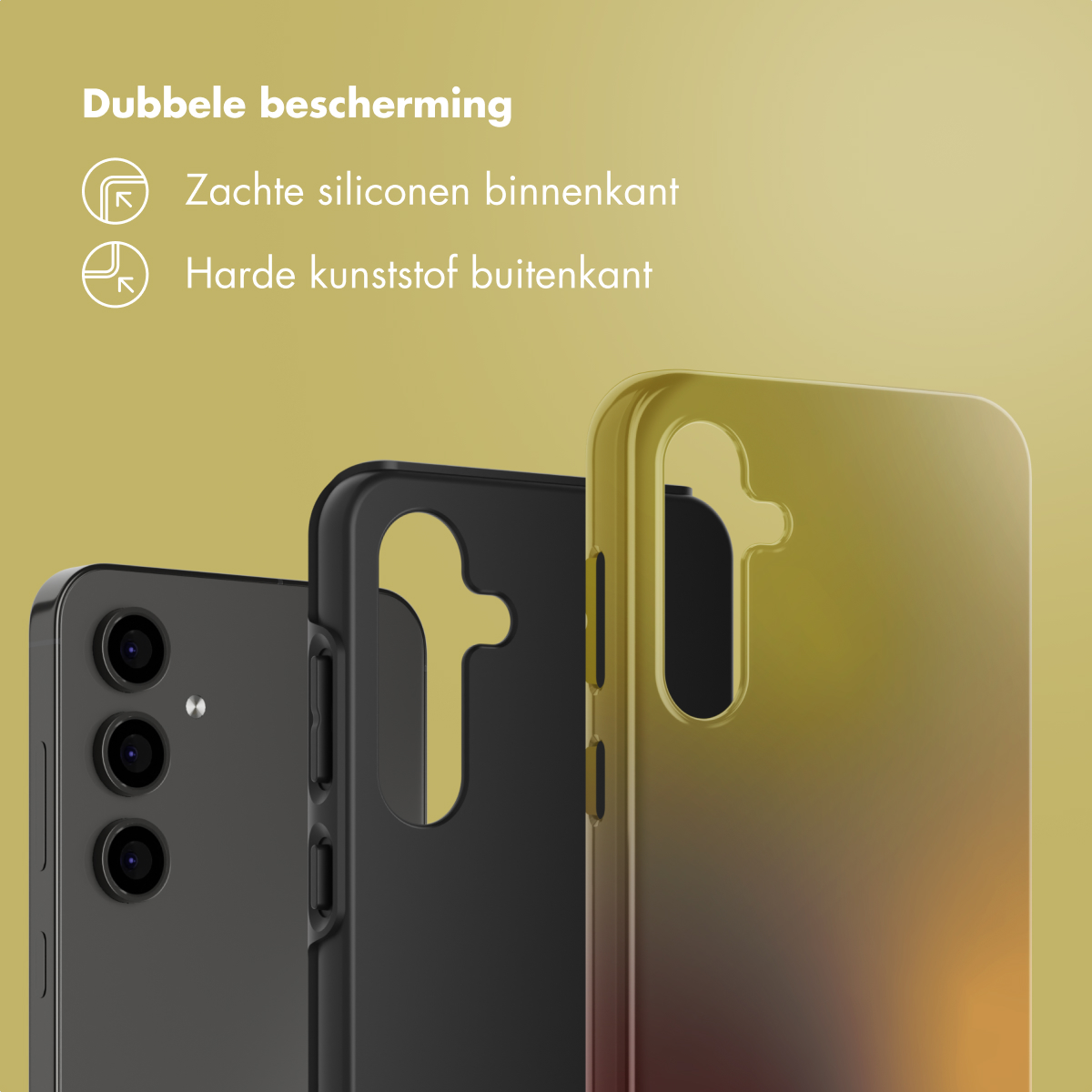 Zwarte, gele en grijze telefoonhoesjes op een gele achtergrond. Bovenstaande tekst: 'Dubbele bescherming' met details.