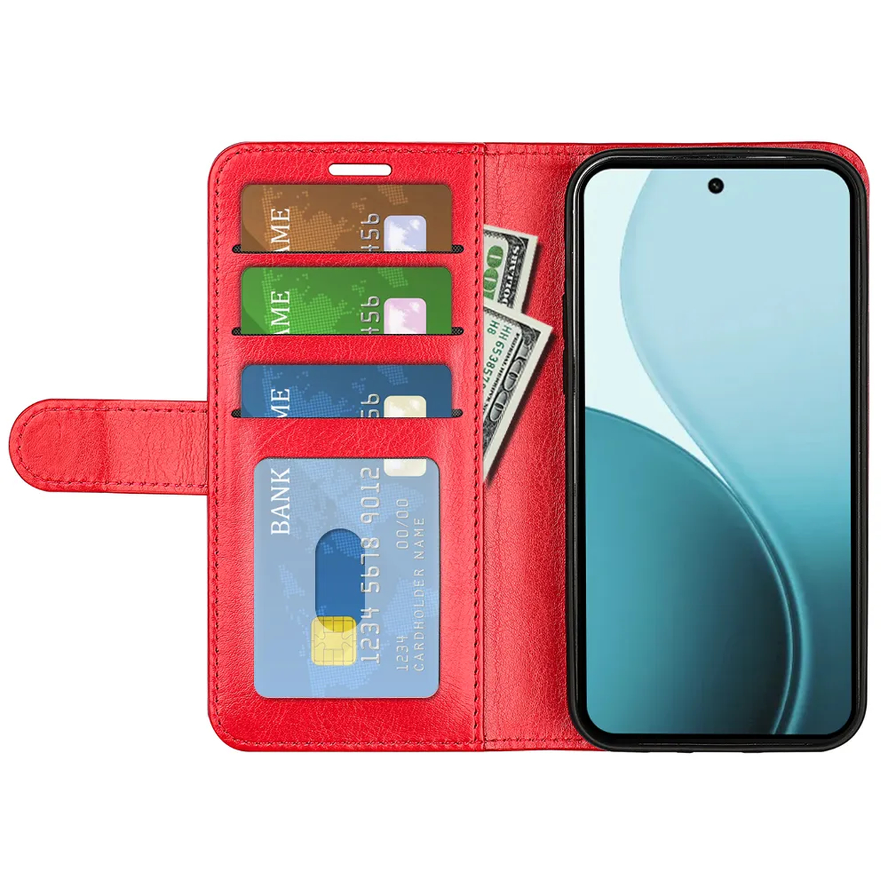Portefeuille rouge avec téléphone, cartes et argent. Les cartes ont des numéros. Le téléphone a un écran bleu. L'argent est visible.