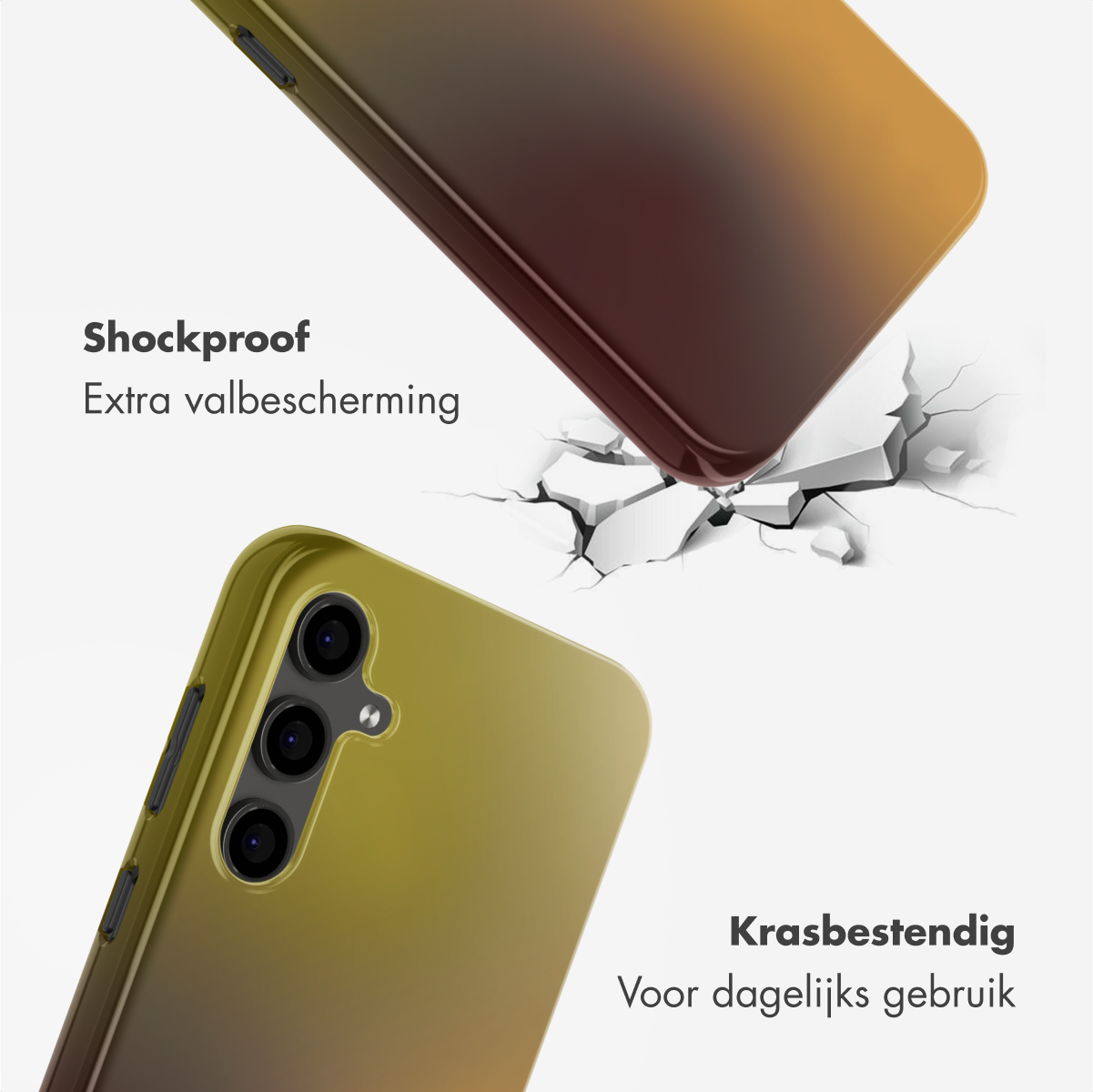 Twee telefoonhoesjes, één valt, één is intact. De vallende hoes laat de impact zien, waardoor het oppervlak eronder barst. Tekst: Schokbestendig, krasbestendig.