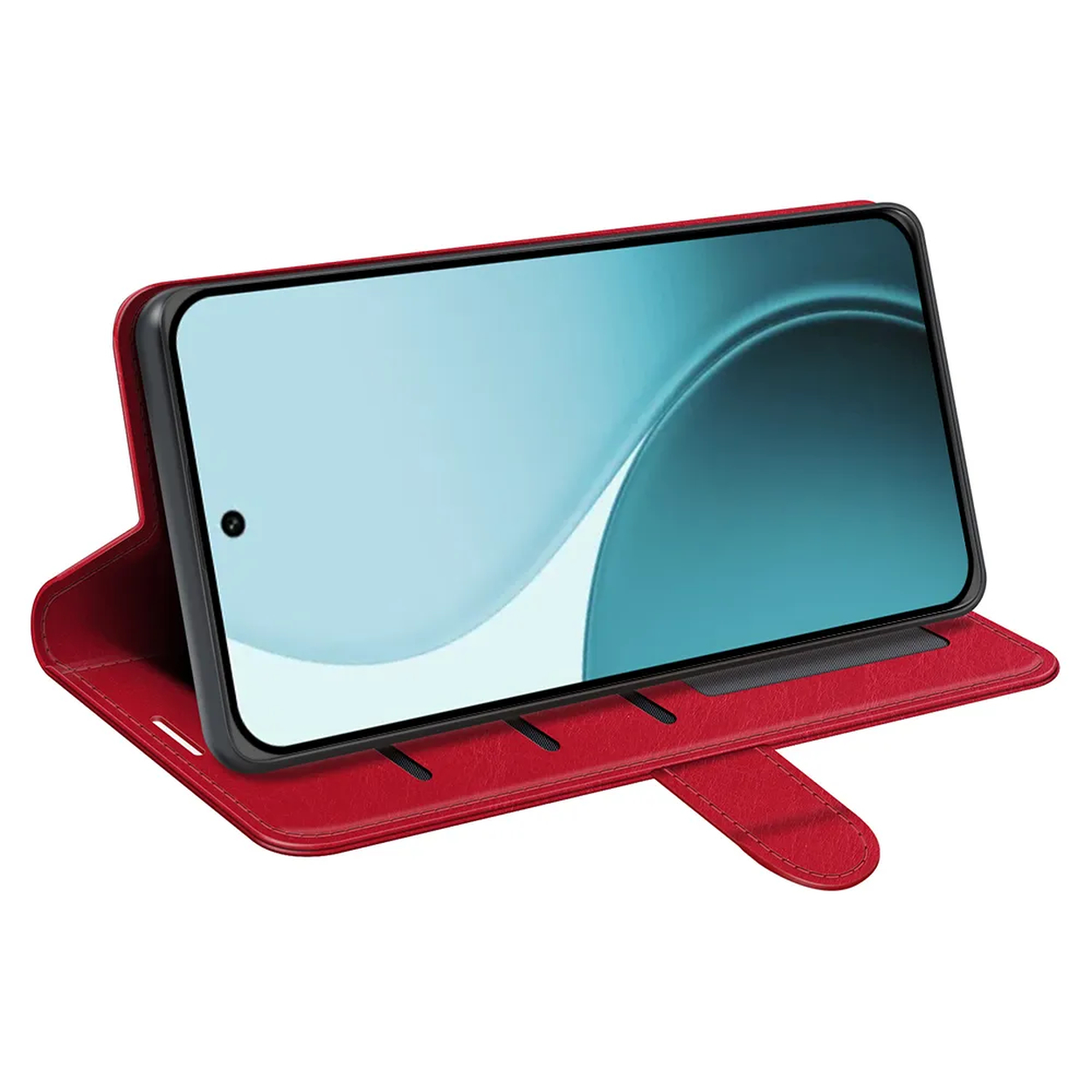 Un étui de téléphone rouge avec un téléphone à l'intérieur. L'écran du téléphone affiche un fond bleu et blanc. Il est sur une surface blanche.