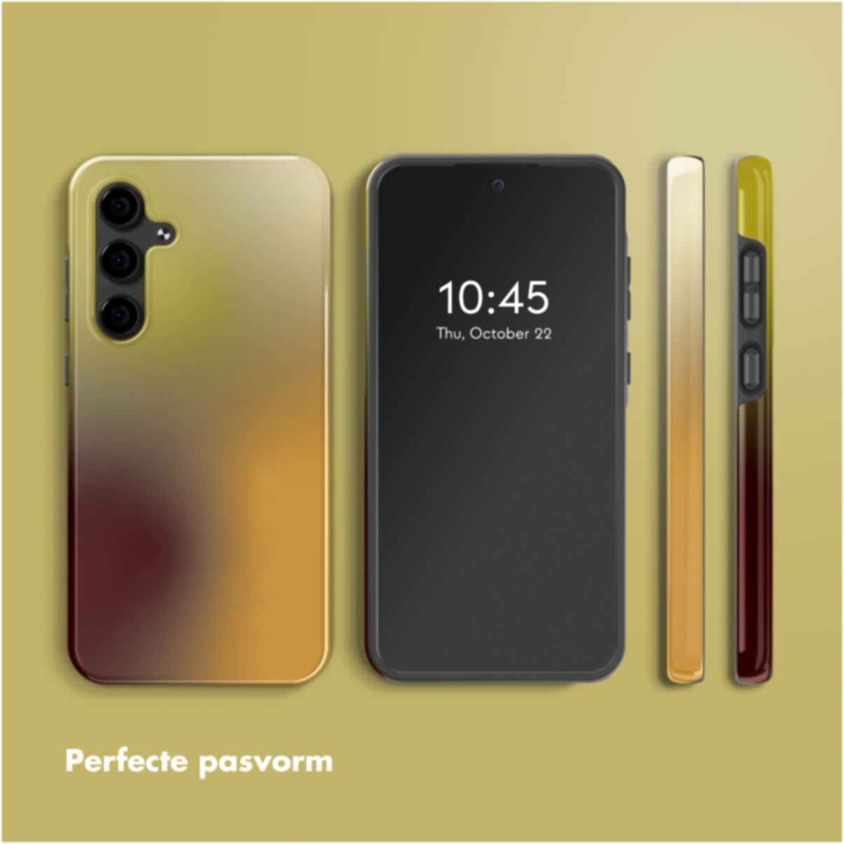Een smartphone met een gele-bruine gradient hoesje wordt getoond. Het scherm toont de tijd en datum. Tekst 'Perfecte pasvorm' onderaan.