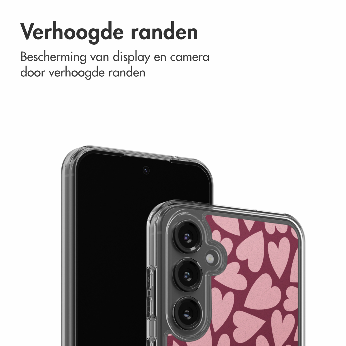 Twee smartphones met doorzichtige hoesjes. Eén hoesje heeft een roze hartpatroon. Het scherm van de andere telefoon is zwart.