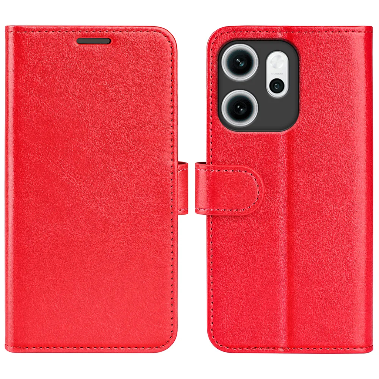 Étui de téléphone en cuir rouge, ouvert. Le côté gauche est fermé, le droit montre les caméras du téléphone. Un fermoir est devant.