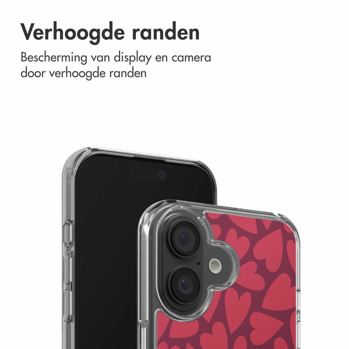 Twee smartphones in beschermhoesjes. Eén heeft een zwart scherm, de ander een rood hartpatroon. Transparante beschermhoes.