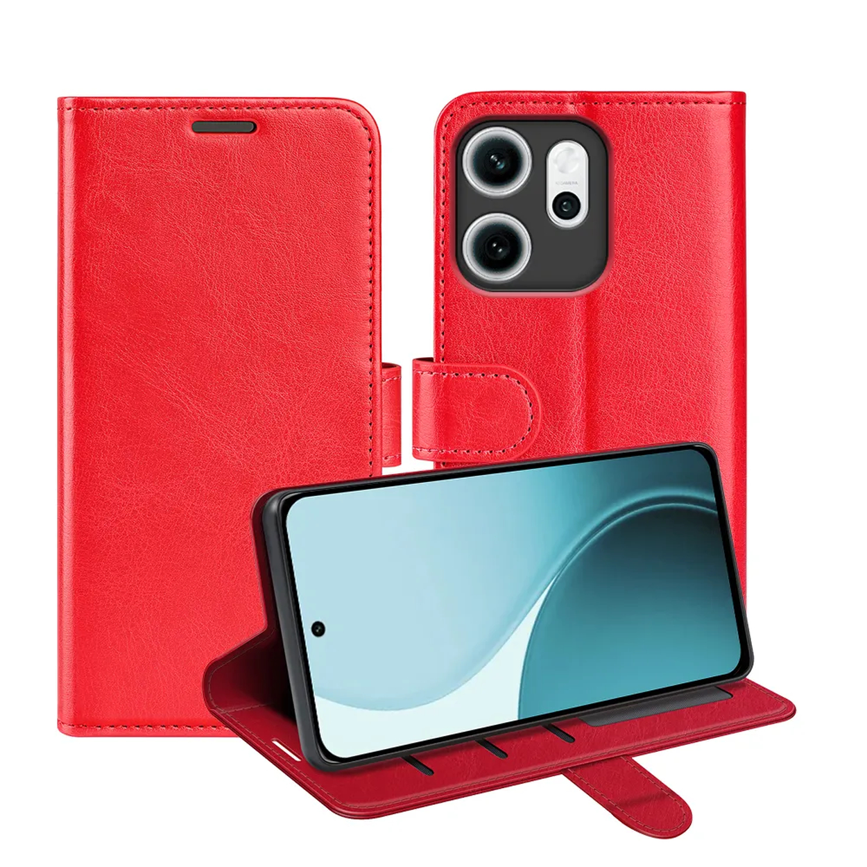 Étui de téléphone en cuir rouge ouvert, montrant un téléphone avec un écran bleu et blanc. L'étui a une découpe pour l'appareil photo et une fermeture magnétique.