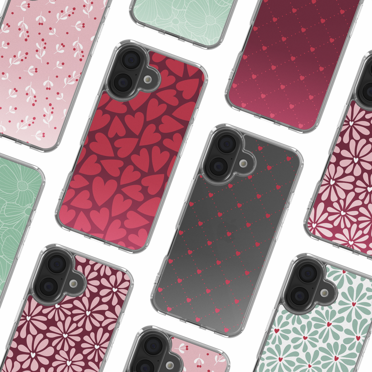Verschillende telefoonhoesjes. Ontwerpen omvatten harten, bloemen en stippen, in roze, rood en groen. Transparante hoesjes met zichtbare camera's.