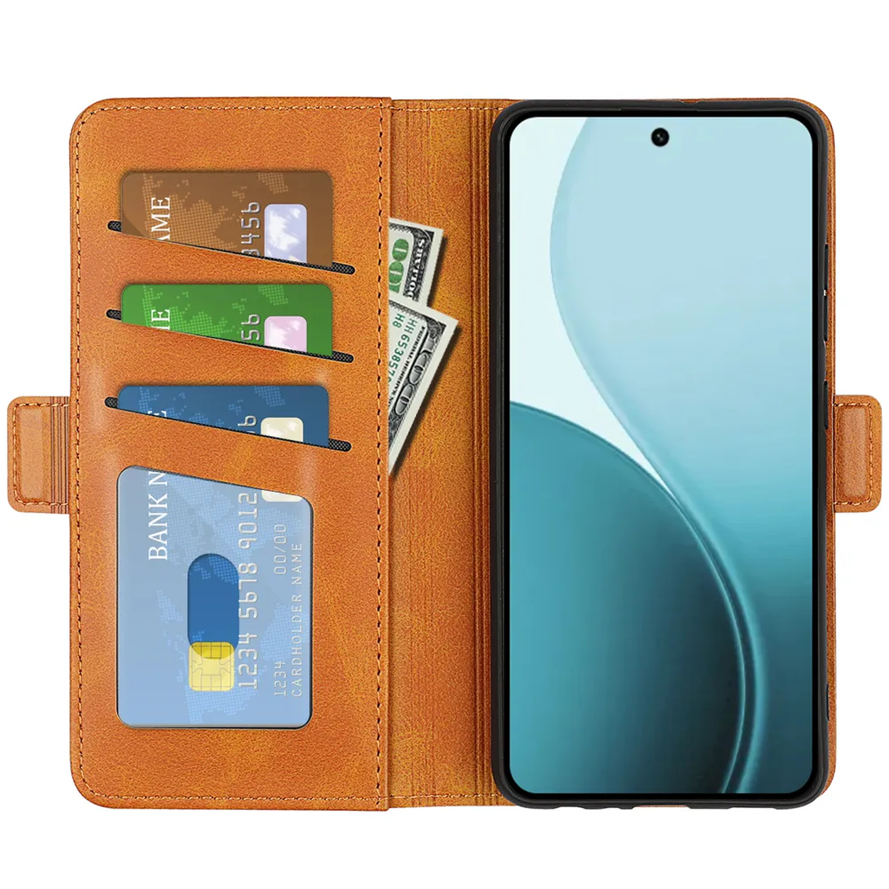 Een bruine leren telefoonhoes met telefoon, kaarten en contant geld. De telefoon staat rechts. Kaarten en geld staan links.